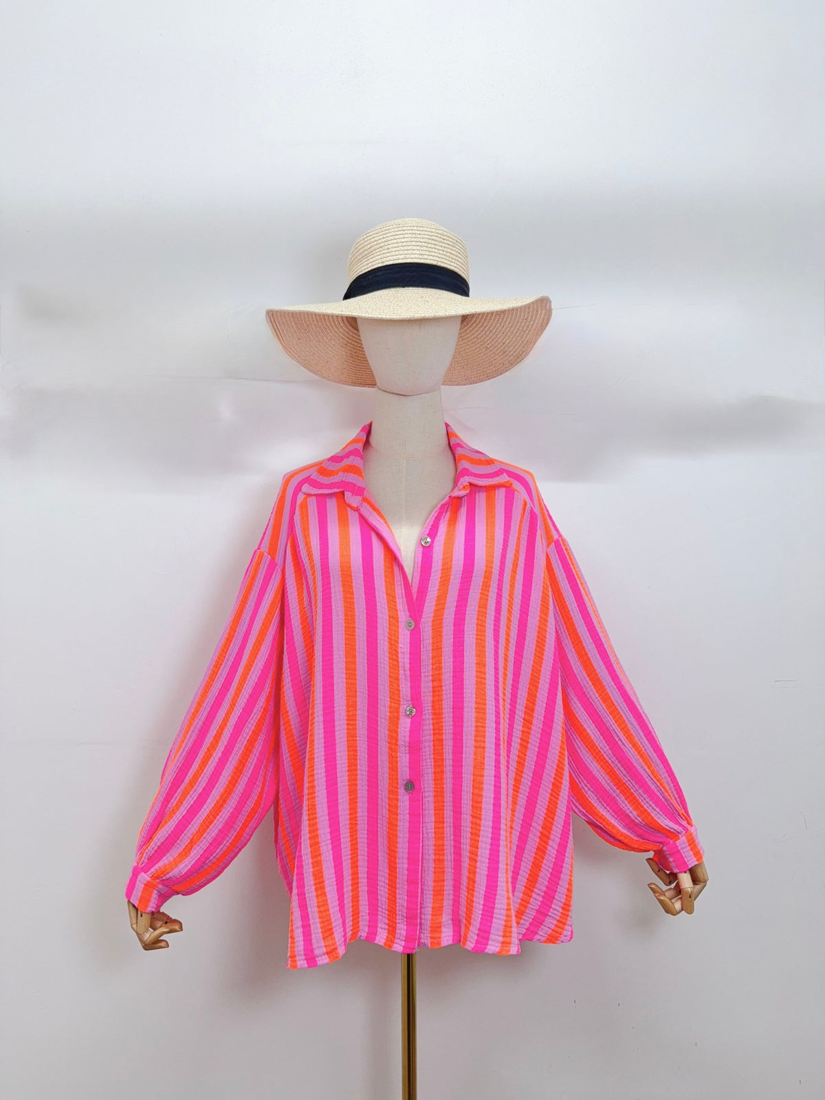 Chemise en gaze de coton rayée FÉLICIE Fluo Parme - DÉSTOCKAGE
