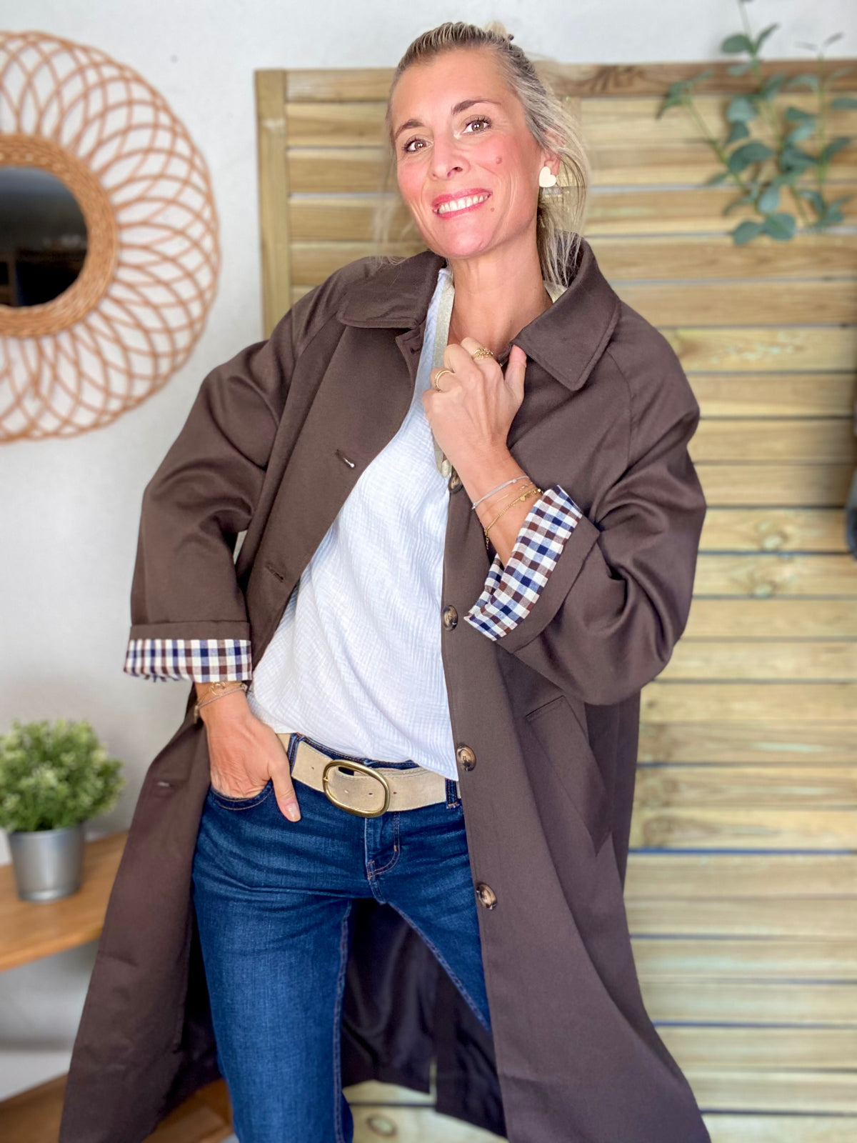Veste Trench en coton, revers carreaux - YSEULT long Chocolat