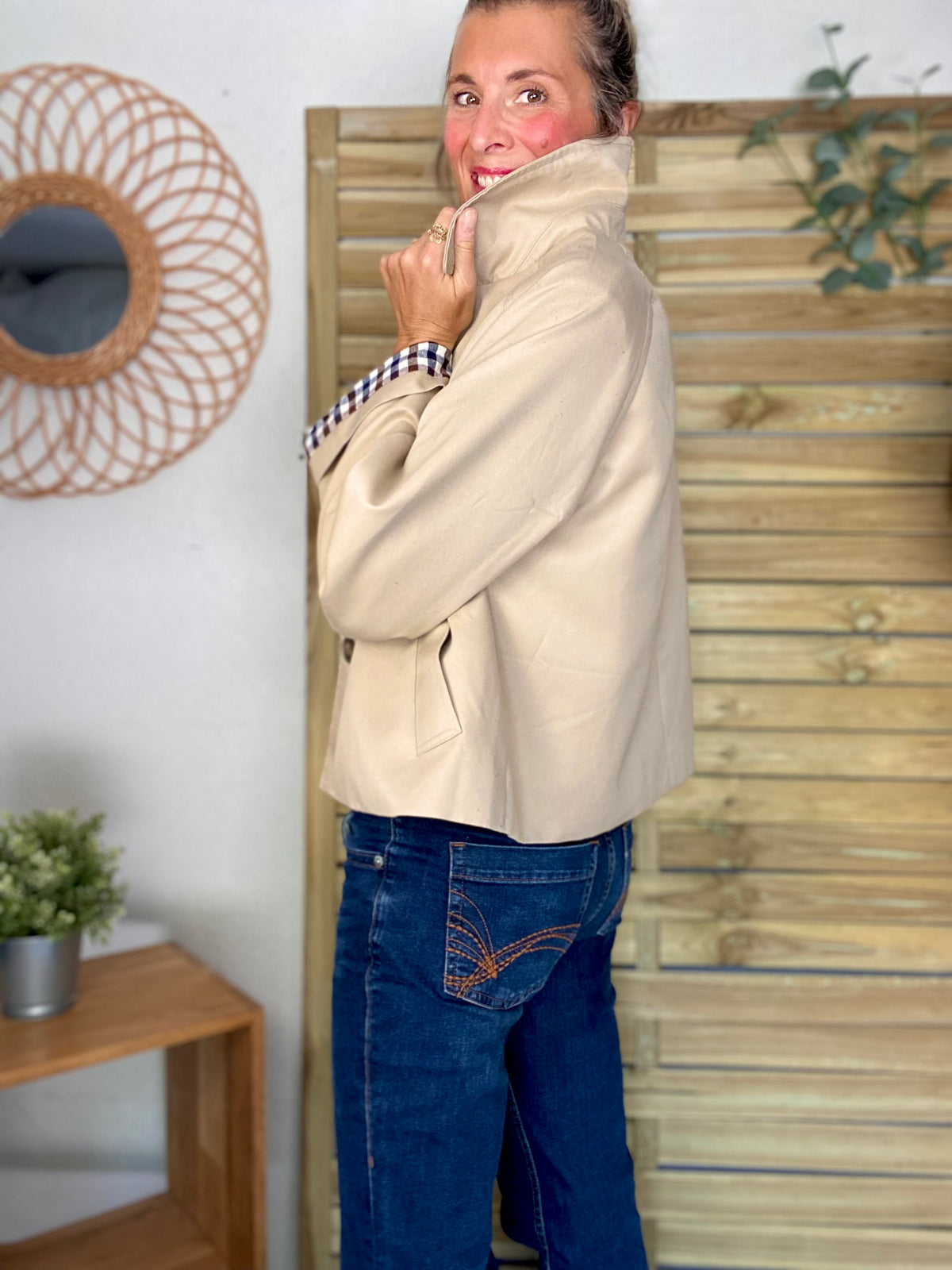 Veste Trench en coton, revers carreaux - YSEULT court Beige