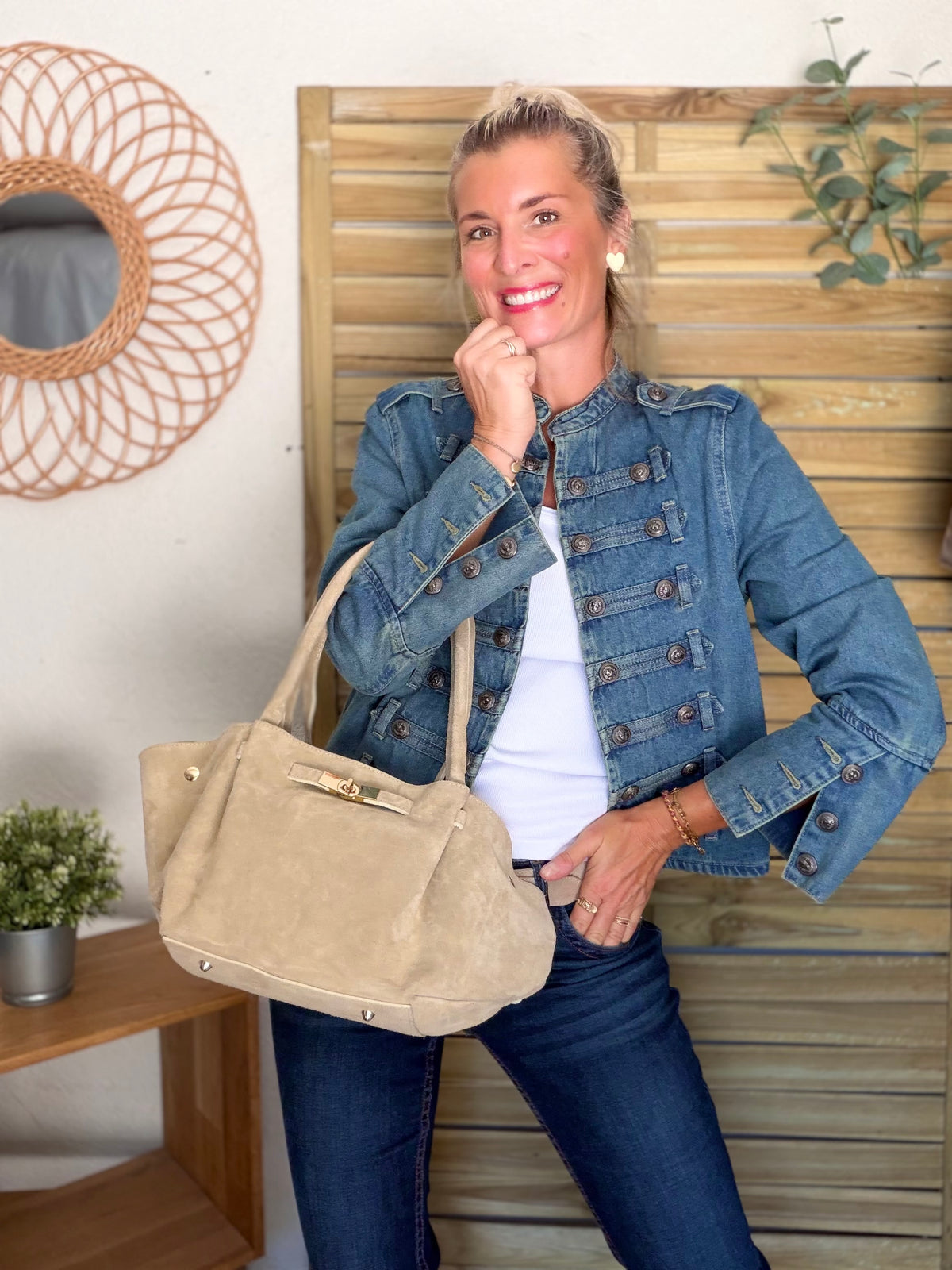 Sac cabas en cuir daim HANA - Beige