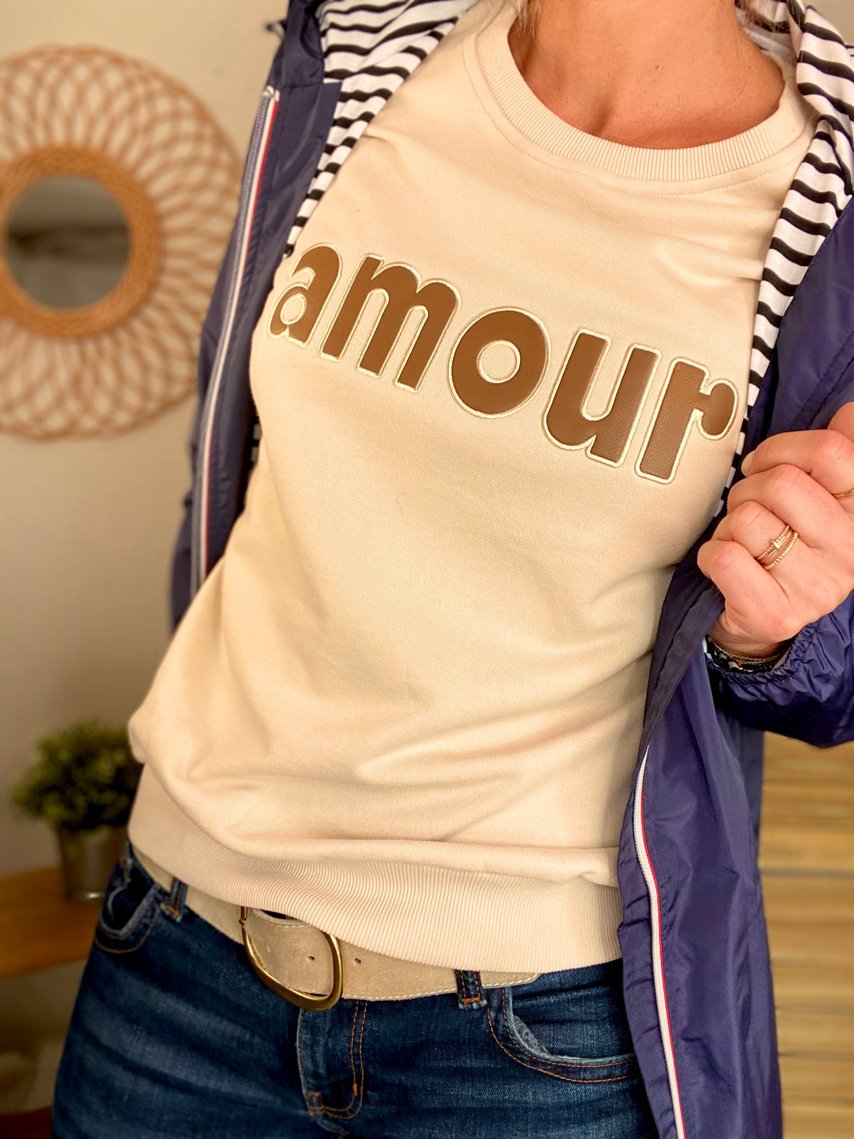 Sweat amour en coton GABRIELLE - Beige et Taupe - FIN DE SÉRIE