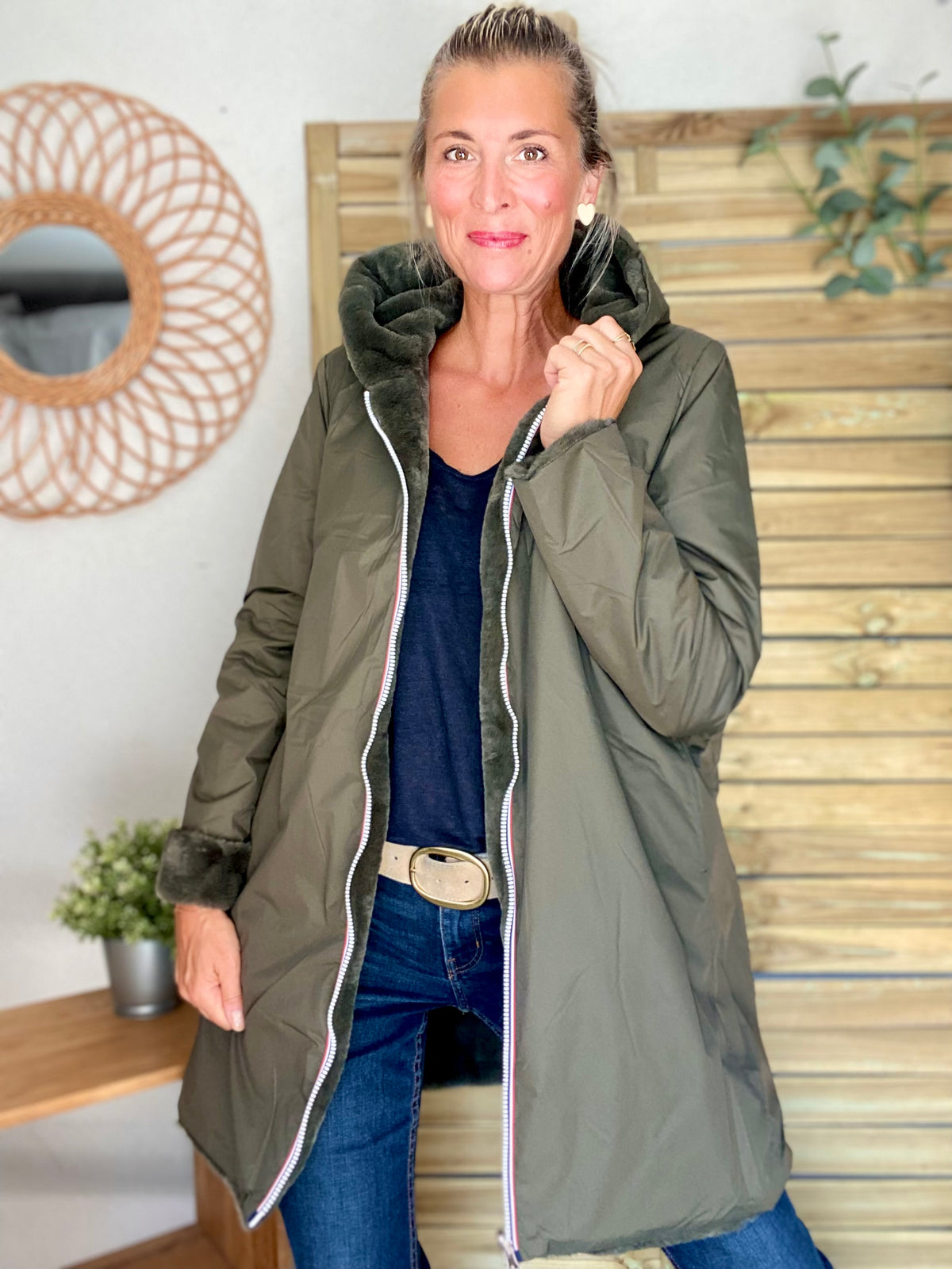 LAURA JO - Parka Imperméable réversible fourrée Kaki / Kaki ALIX Long • DÉSTOCKAGE sur Taille S