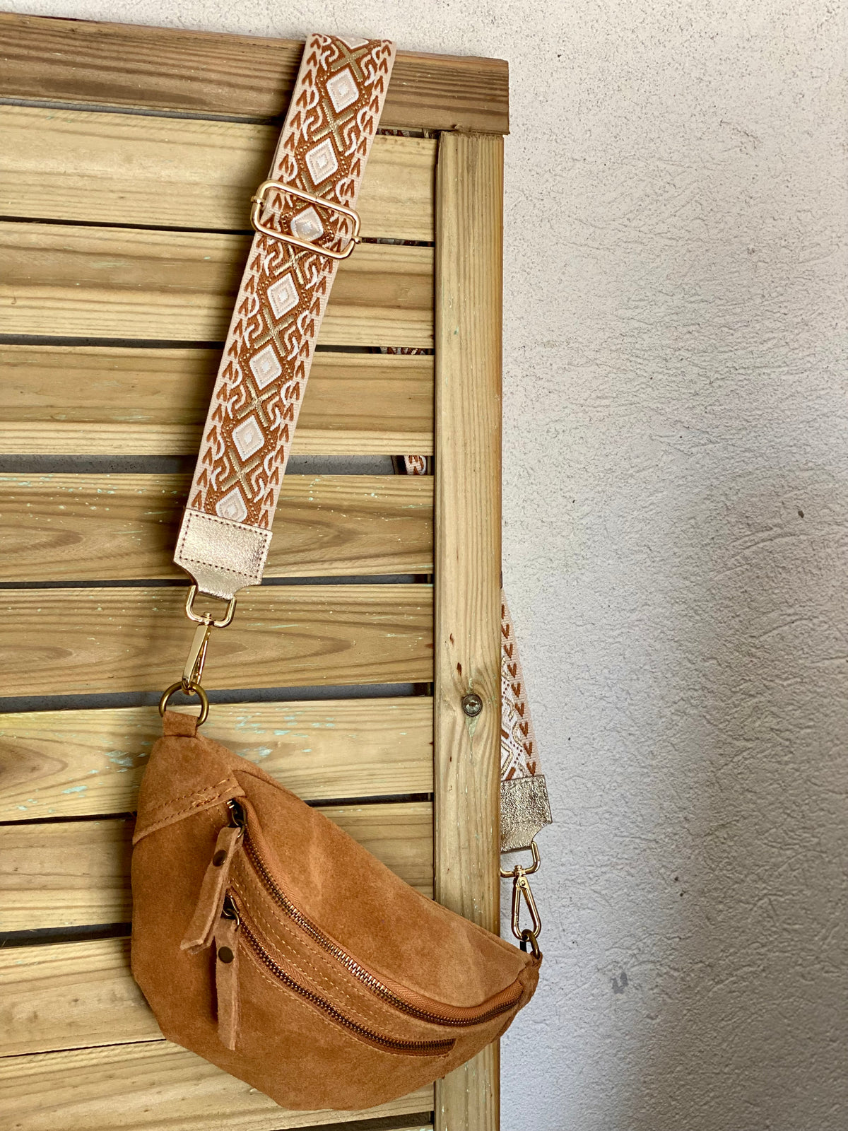 Sac banane double poche en cuir daim - OPALINE - Camel