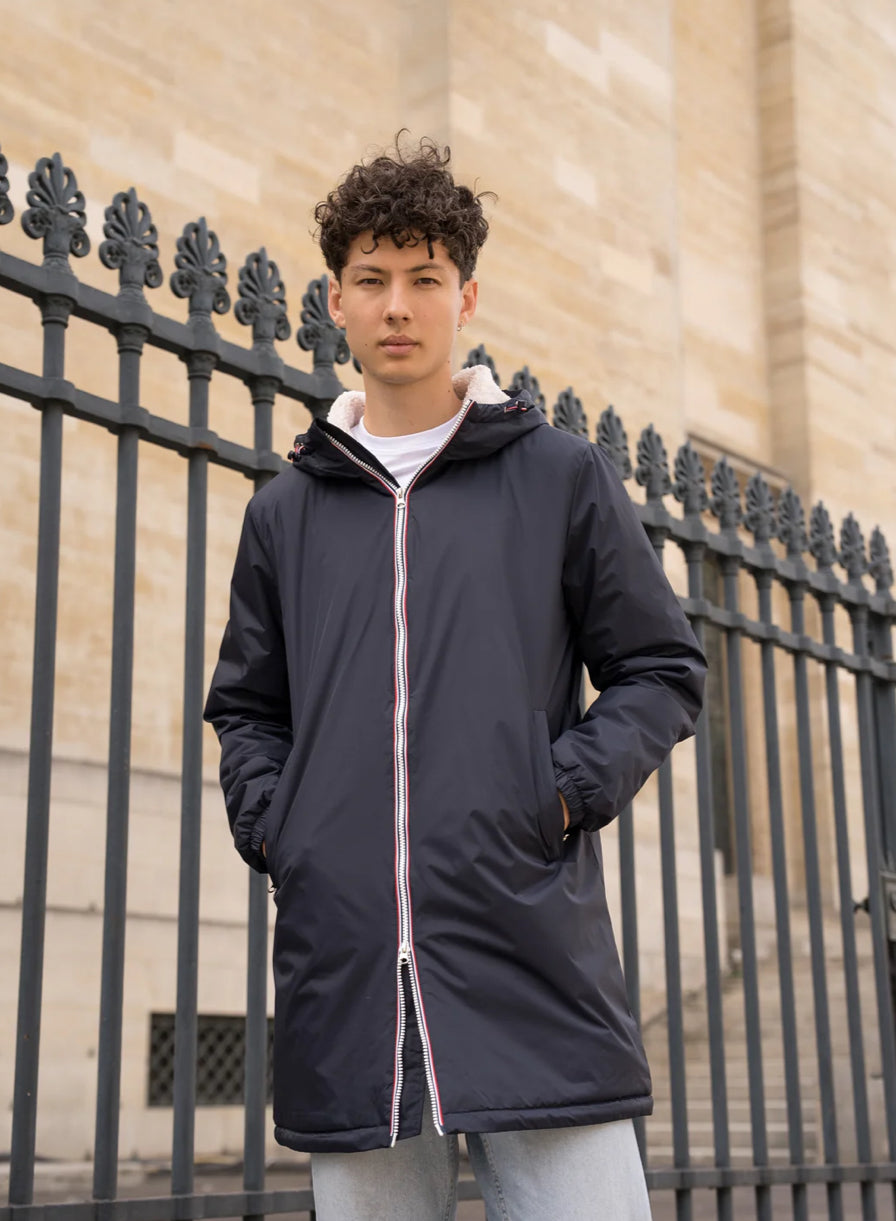 LAURA JO - Parka Imperméable Homme LOUIS* LONG Bleu marine / sherpa écru • DÉSTOCKAGE sur Taille S