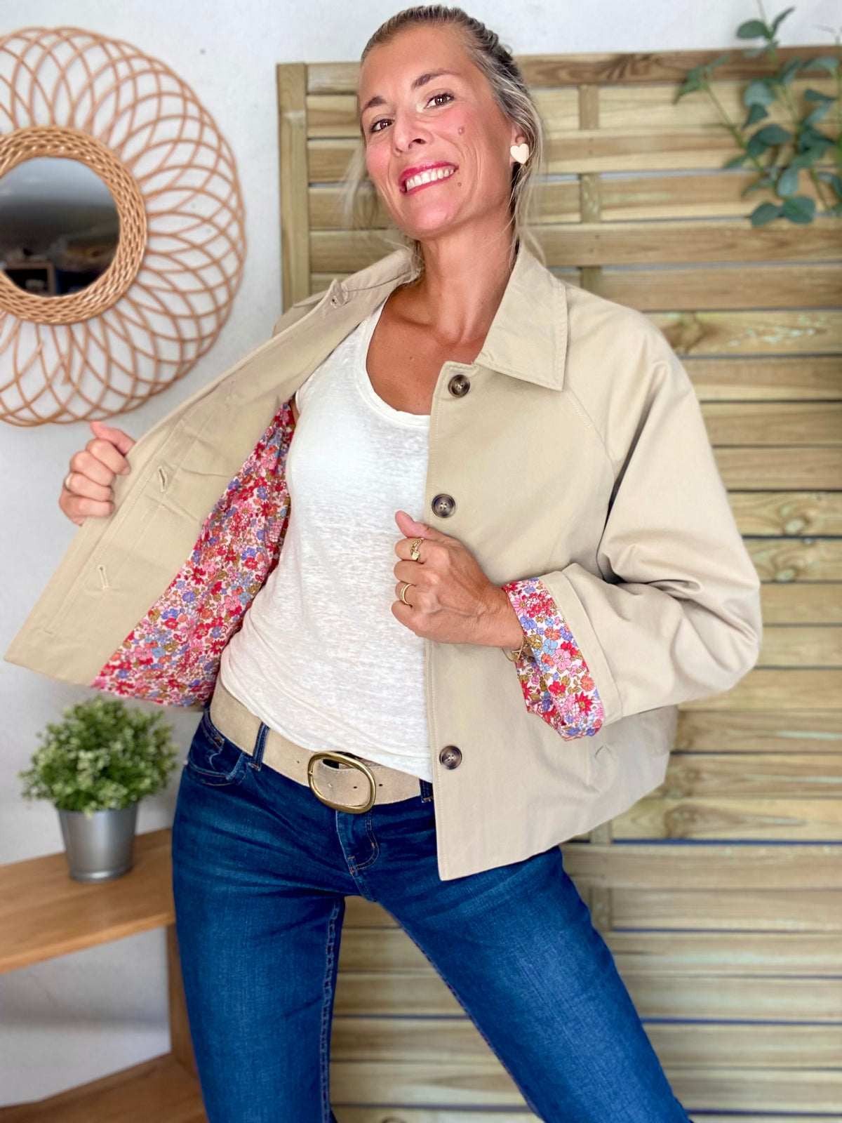 Veste Trench en coton beige avec Liberty - MAHAUT - LILI et LALA