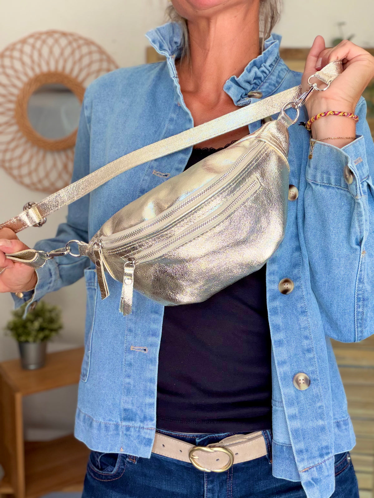 Sac banane en cuir irisé double poche - OPALE - Doré / argent