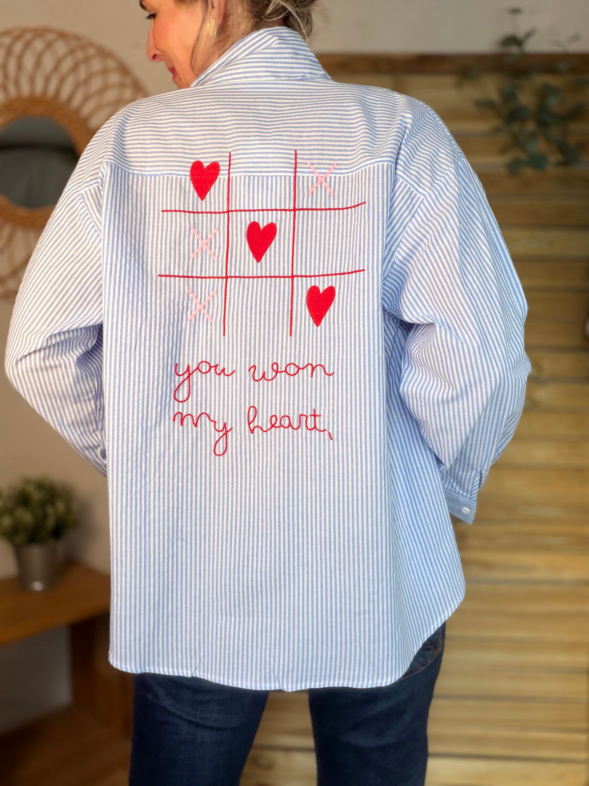 Chemise bleue rayée brodée YOU WON MY HEART ❤️ MAUREEN - FIN DE SÉRIE