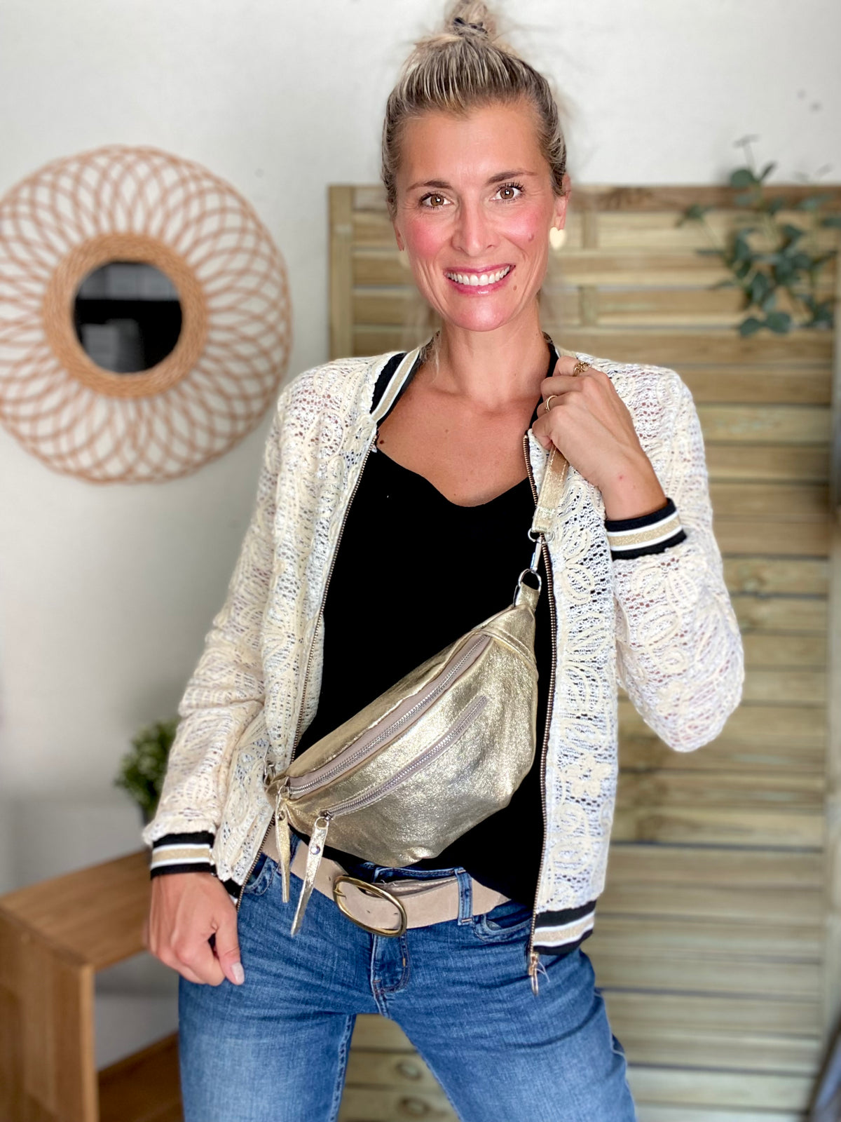 Sac banane en cuir irisé double poche - OPALE - Doré / argent
