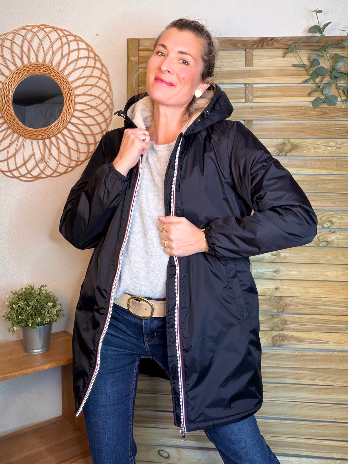 LAURA JO - Parka Imperméable LOUISE LONG Sherpa écru - Noir • DÉSTOCKAGE sur Taille L