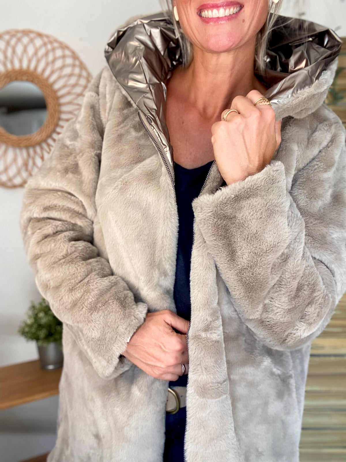 LAURA JO - Parka Imperméable réversible fourrée Bronze / Beige ALIX Long
