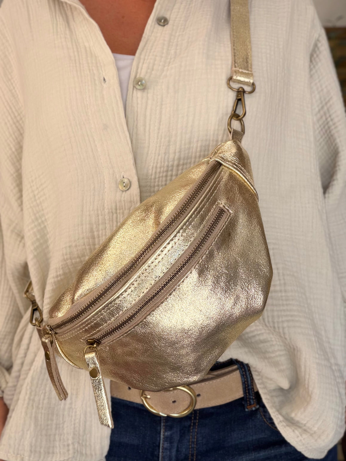 Sac banane en cuir irisé double poche - OPALE - Doré / Laiton