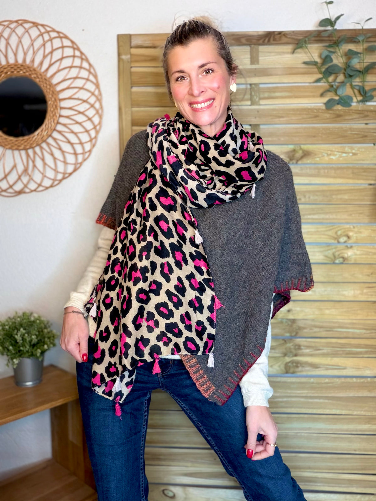 Foulard Léo CLEM - Beige / Fuschia 🐆