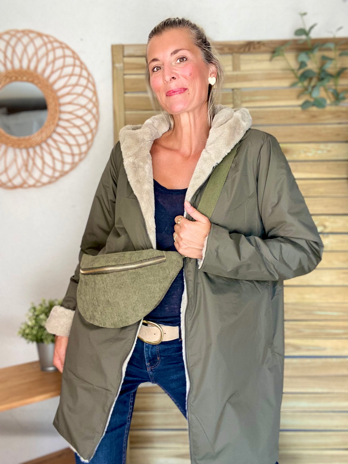 LAURA JO - Parka Imperméable réversible fourrée Kaki / Beige ALIX Long
