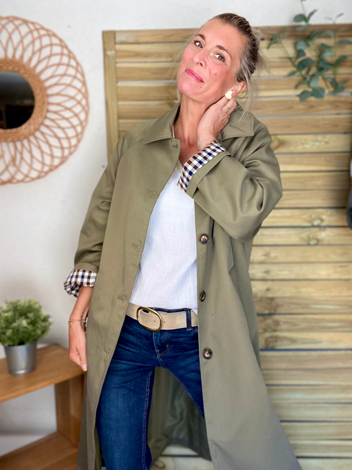 Veste Trench en coton, revers carreaux - YSEULT long Kaki
