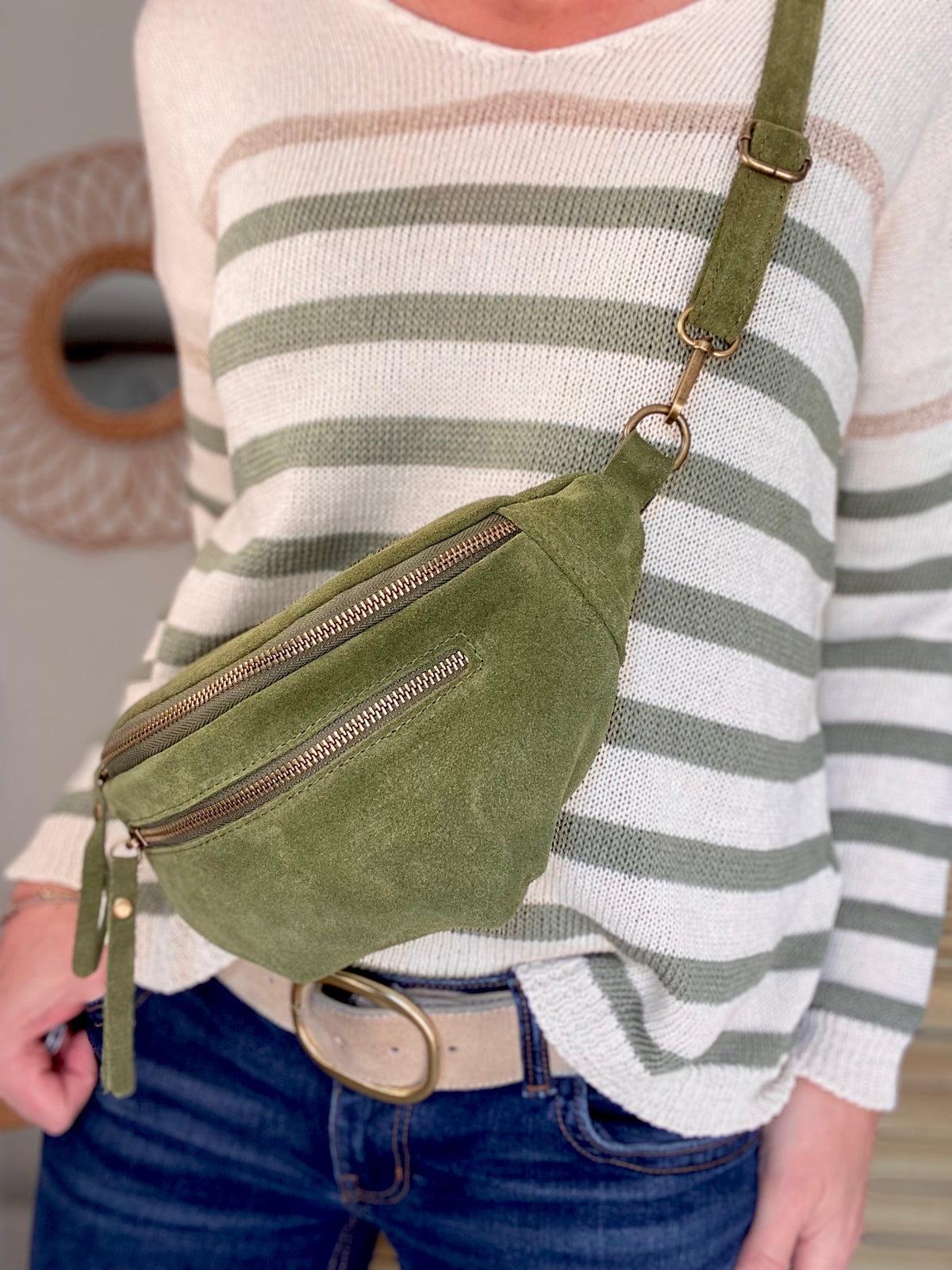 Sac banane double poche en cuir daim - OPALINE - Vert Olive (Kaki clair)
