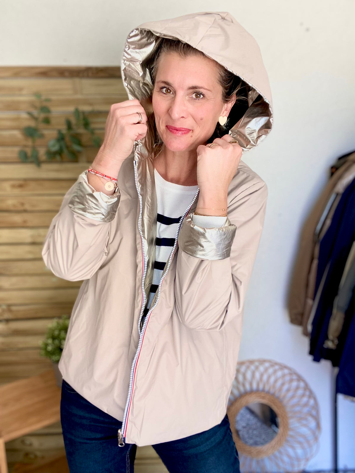 LAURA JO - Imperméable réversible rembourré LOUISON COURT - Beige / Doré • DÉSTOCKAGE sur Taille XL