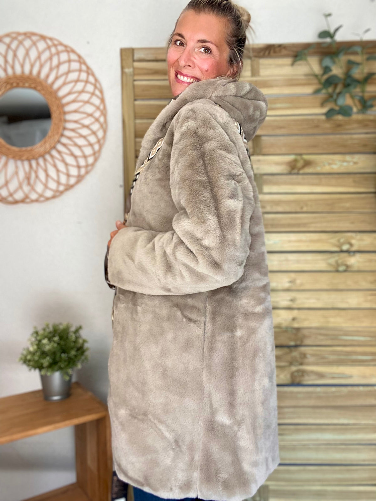 LAURA JO - Parka Imperméable réversible fourrée Bronze / Beige ALIX Long