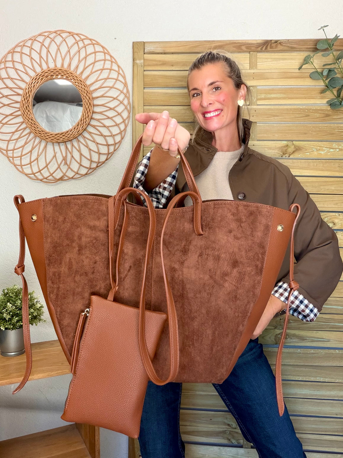 Grand Sac cabas 2 en 1 en simili daim - PAULE Camel