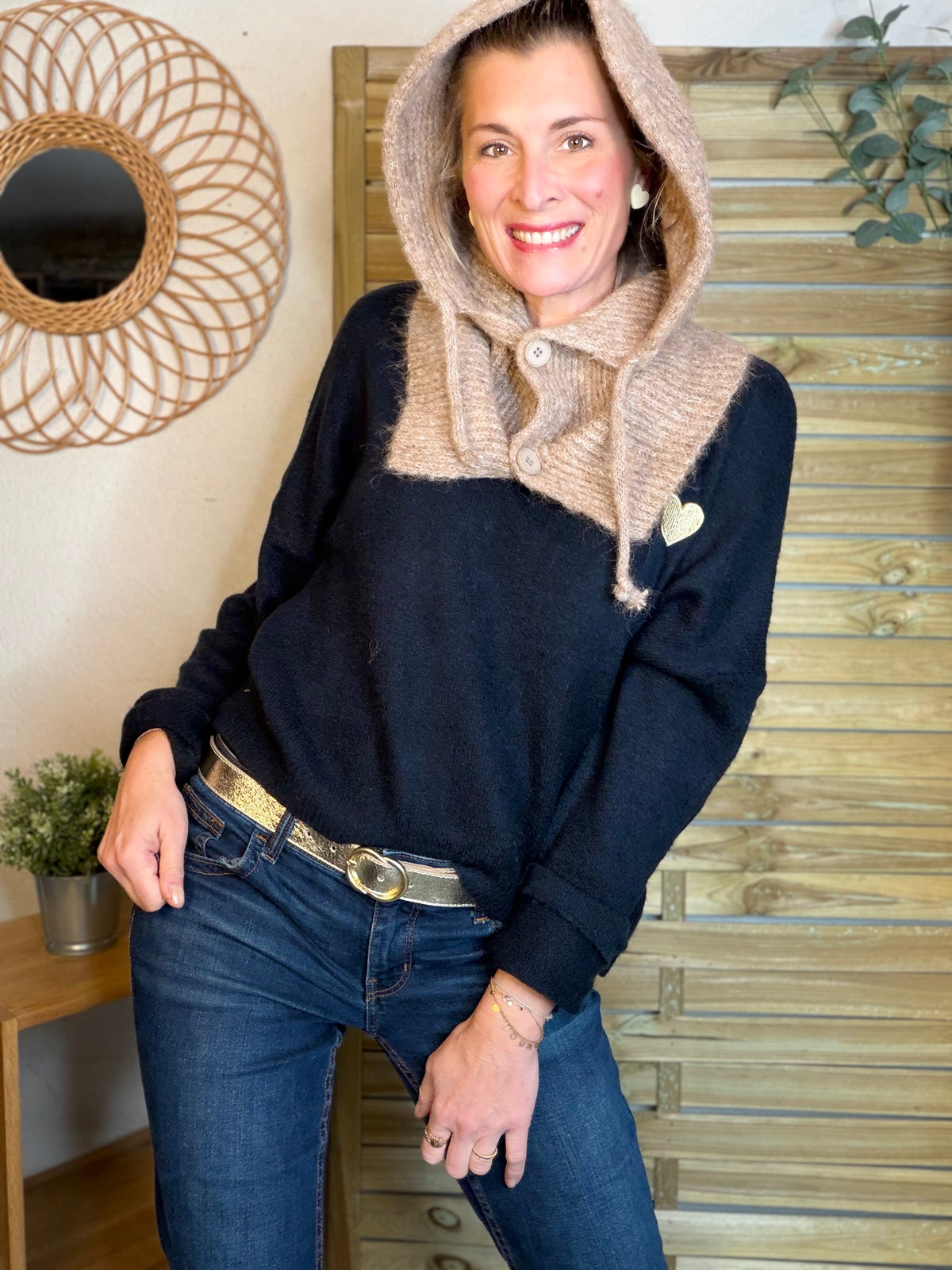 Col cagoule LORIE en maille avec boutons - Taupe