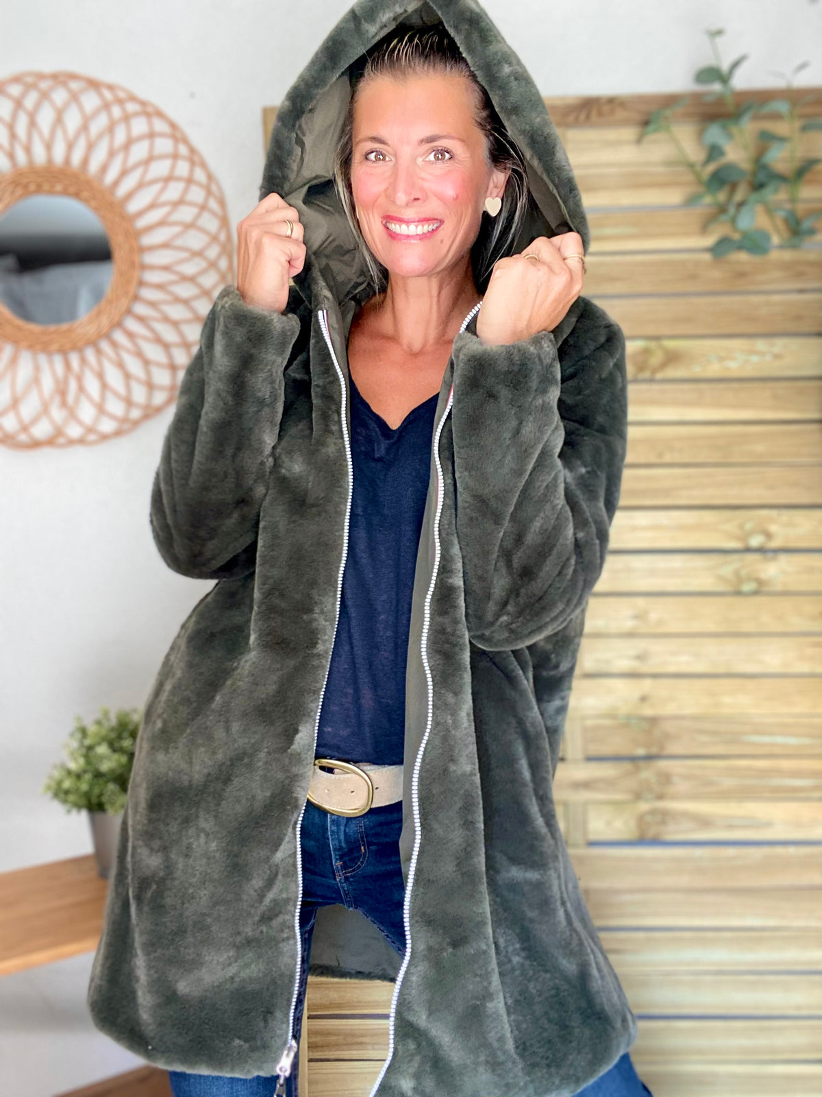 LAURA JO - Parka Imperméable réversible fourrée Kaki / Kaki ALIX Long • DÉSTOCKAGE sur Taille S