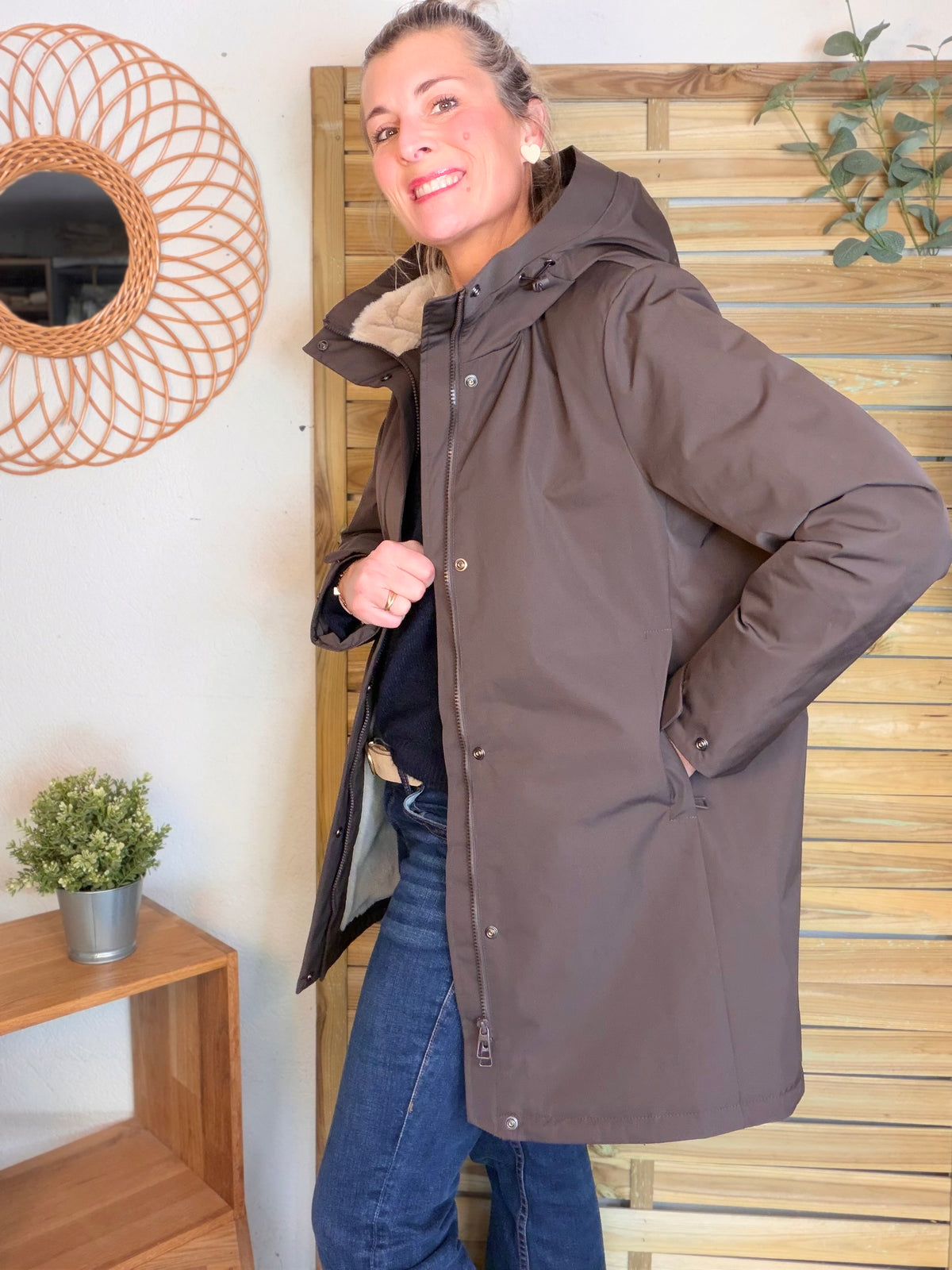 LAURA JO - Parka fourrée imperméable AMBRE LONG - Chocolat / Beige