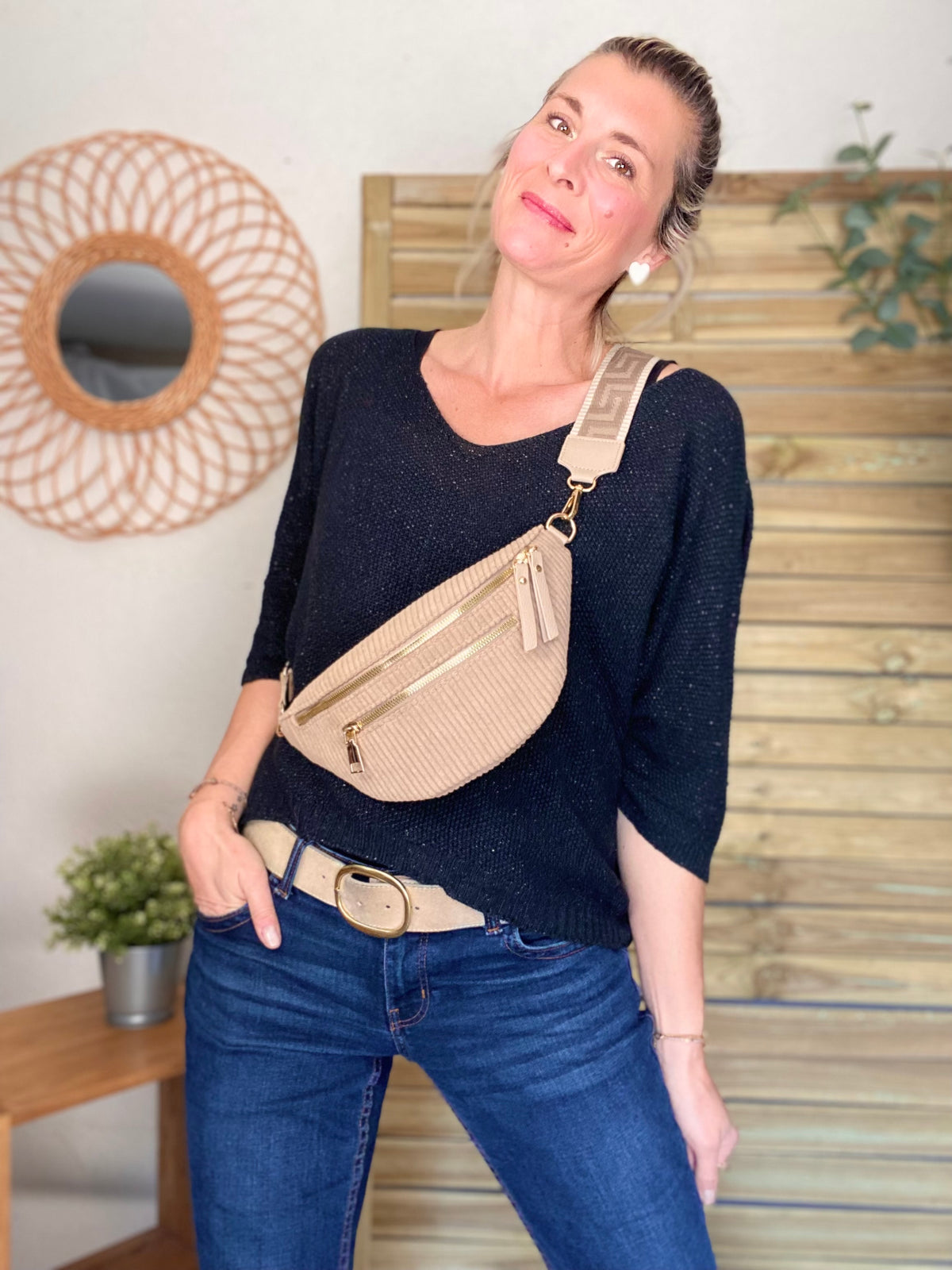 Sac banane en velours côtelé 2 zips et sangle fantaisie - CHARLY - Beige taupe (côtelé large)