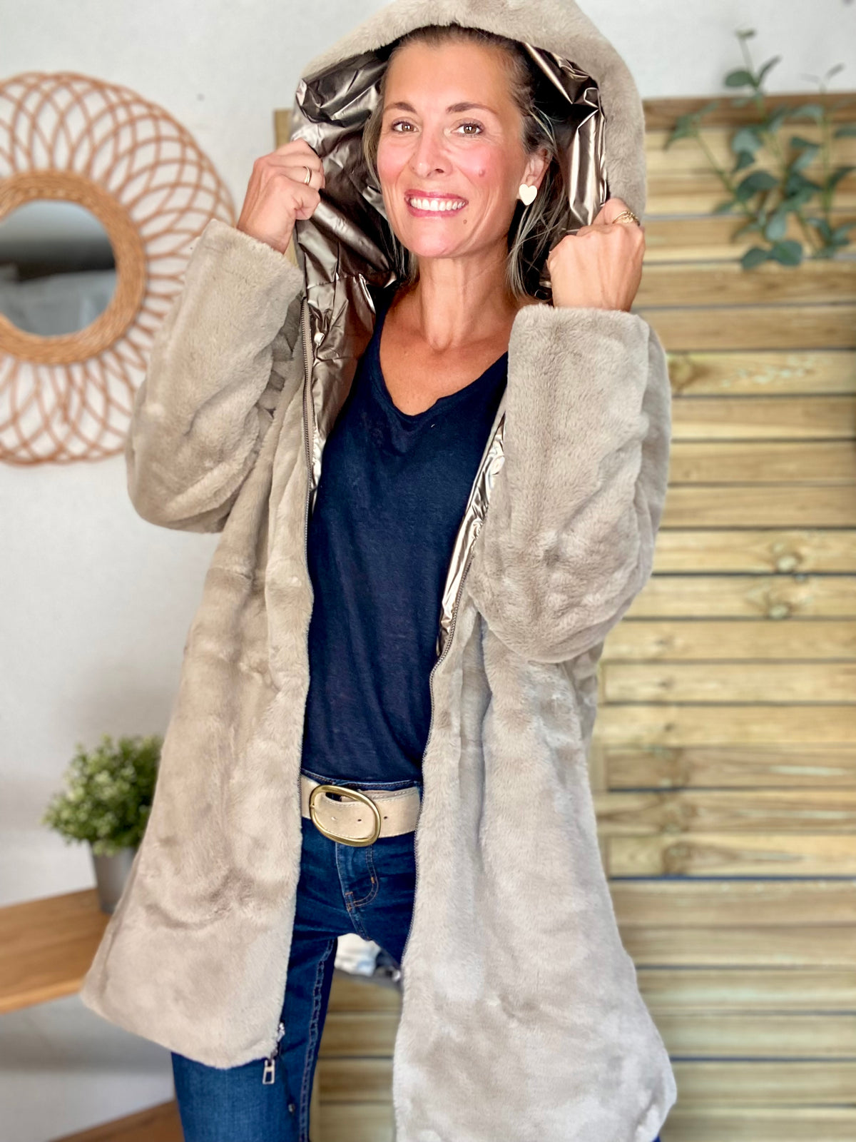 LAURA JO - Parka Imperméable réversible fourrée Bronze / Beige ALIX Long