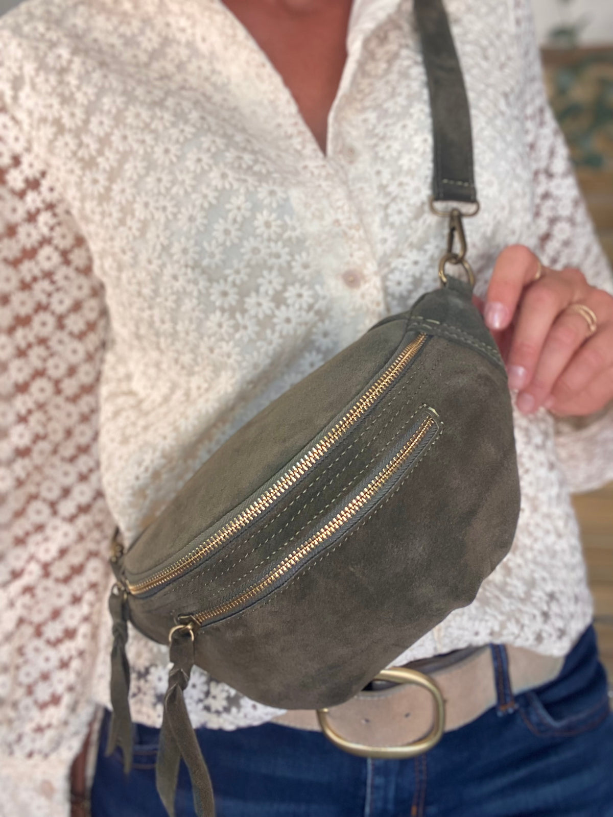 Sac banane double poche en cuir daim - OPALINE - Kaki foncé