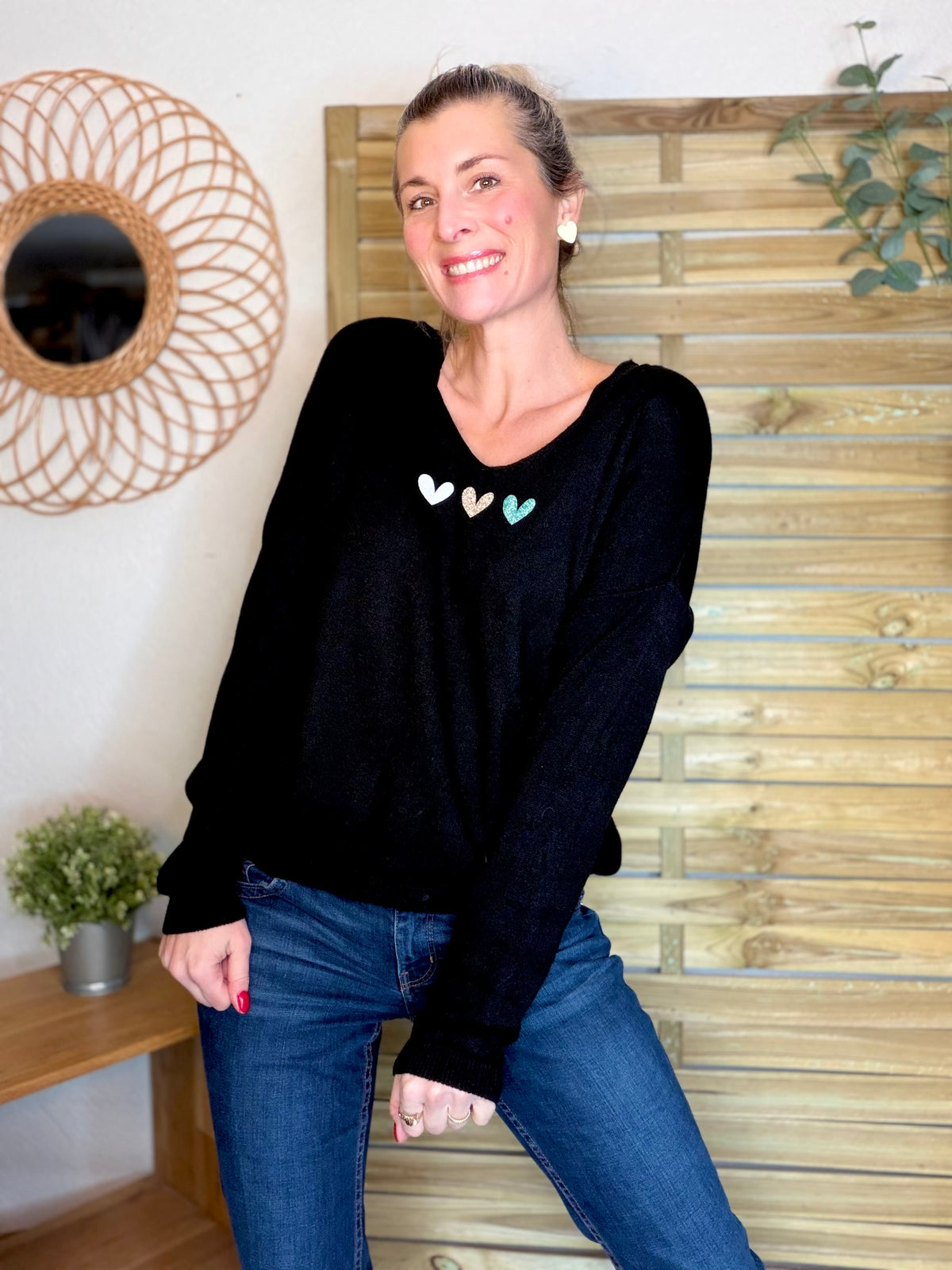 Pull fin 3 cœurs 💛 BERTILLE - Noir - FIN DE SÉRIE
