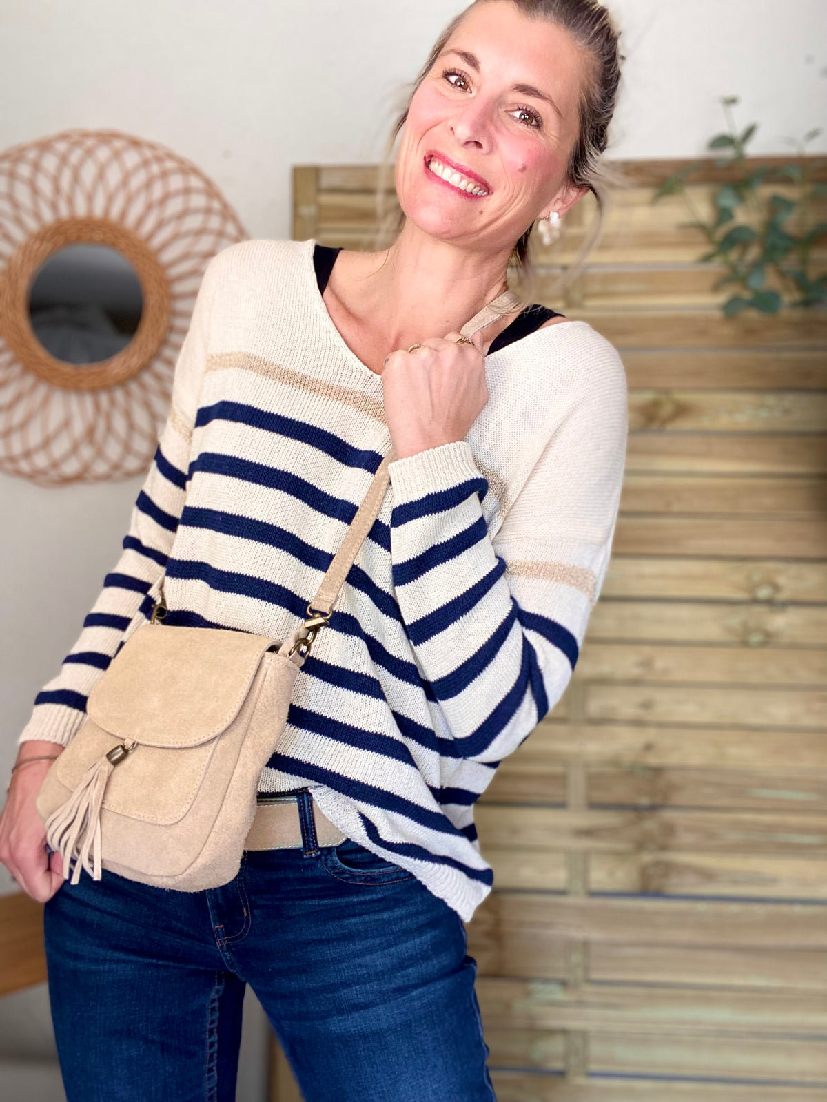 Sac bandoulière en cuir daim HORTENSE - Beige - FIN DE SÉRIE