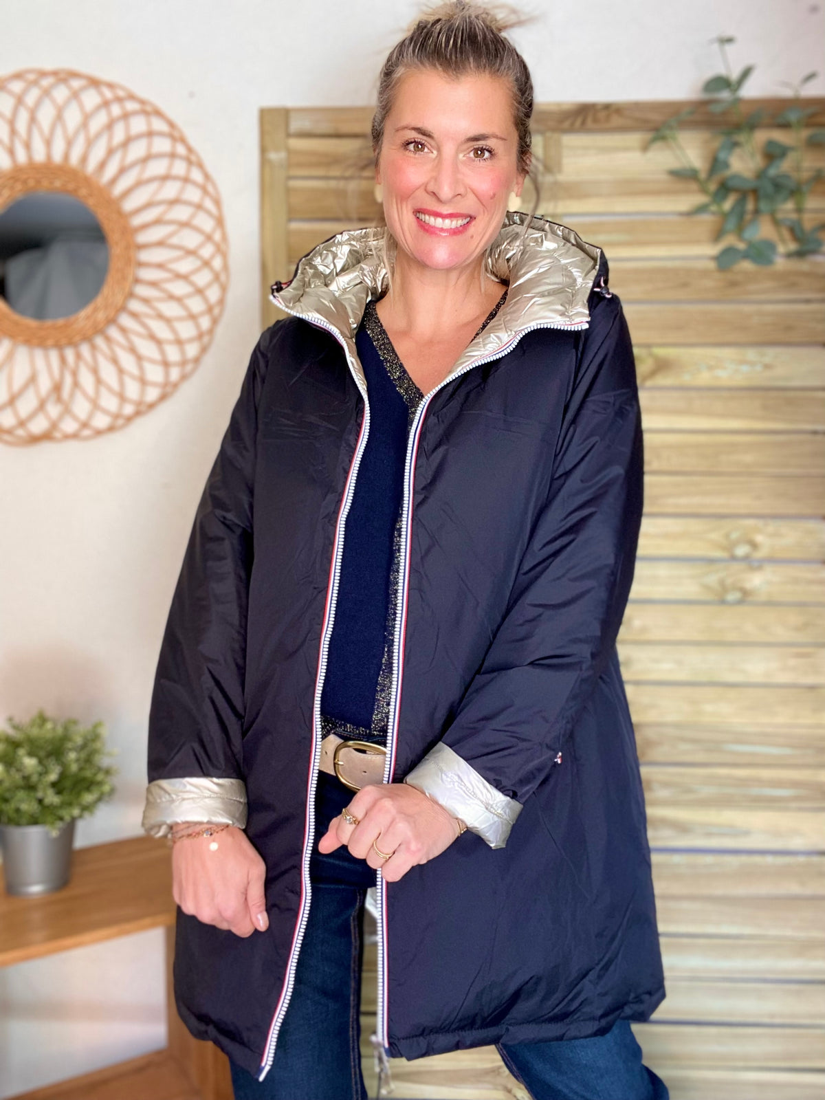 LAURA JO - Doudoune réversible imperméable longue INÈS - Noir / Doré - FIN DE SÉRIE