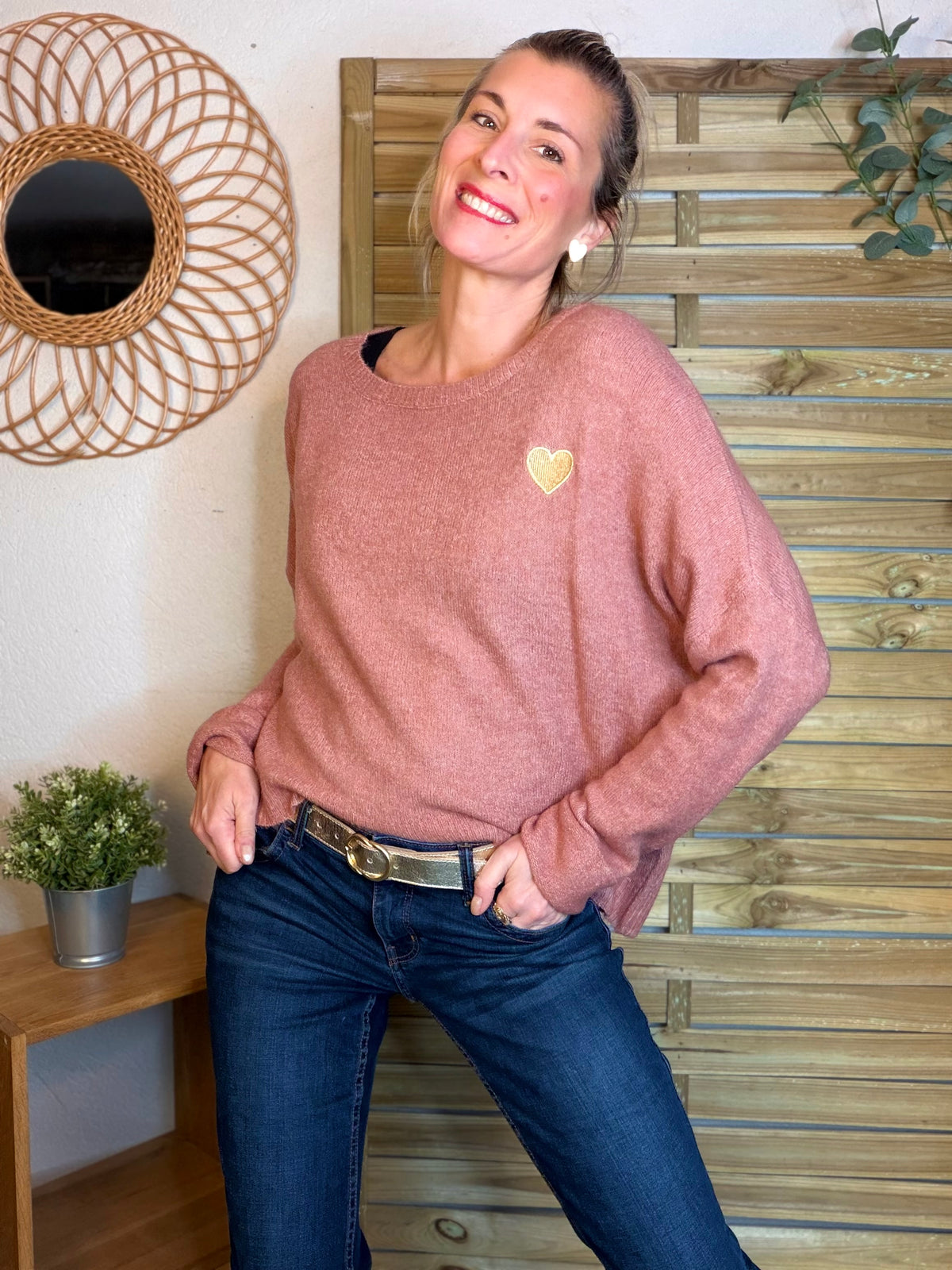 Pull léger en maille cœur doré brodé 💛 MELISSA - Vieux rose