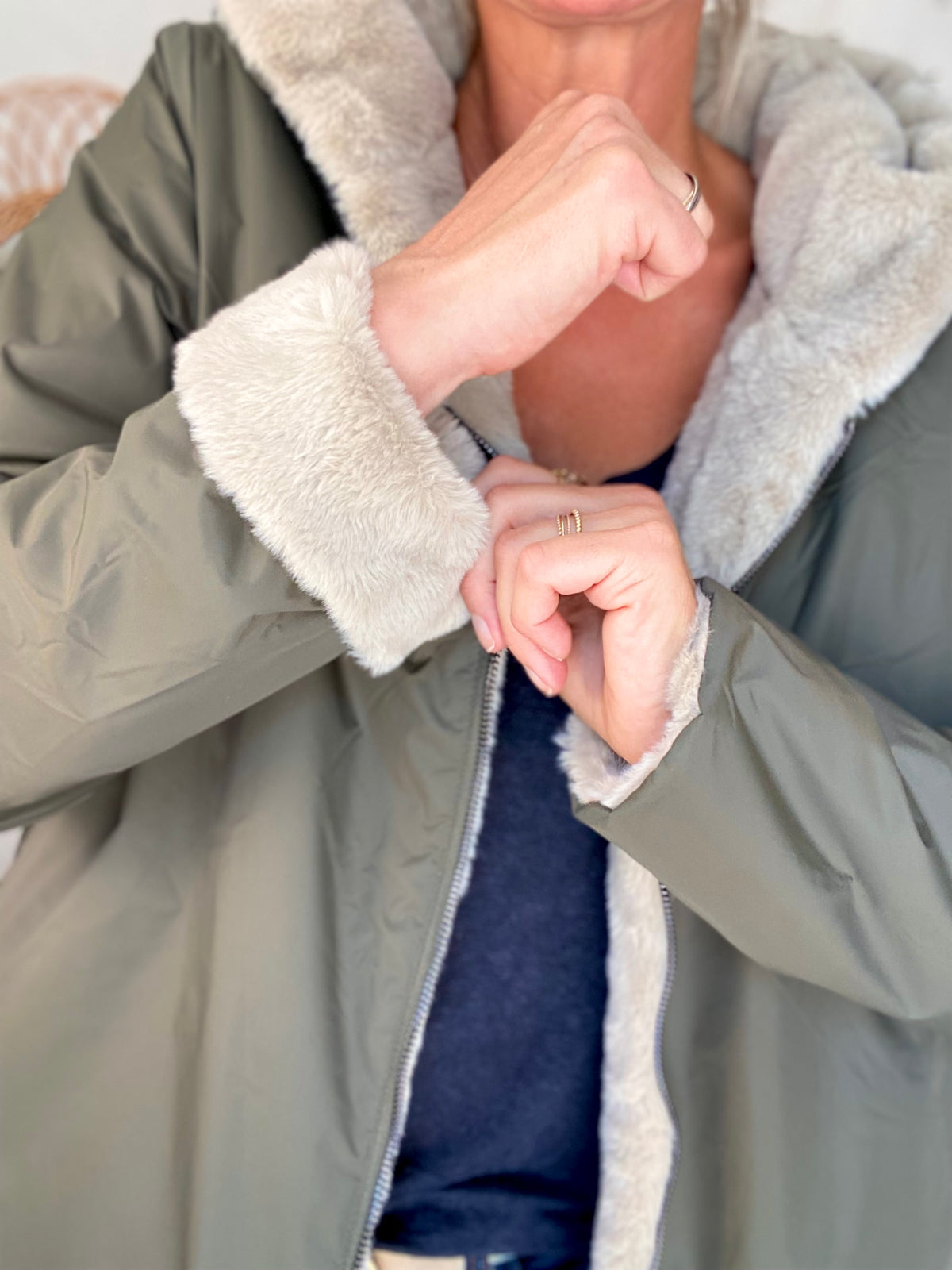 LAURA JO - Parka Imperméable réversible fourrée Kaki / Beige ALIX Long