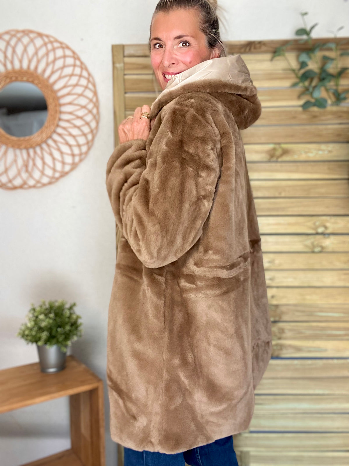 LAURA JO - Parka Imperméable réversible fourrée Sable irisé / Camel ALIX Long