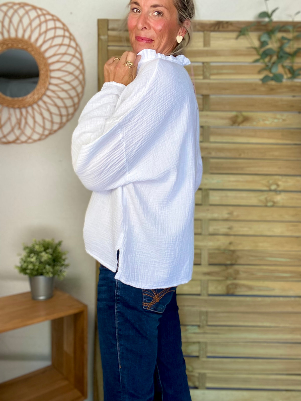 Blouse en gaze de coton SIERRA Blanche - manches longues • FIN DE SÉRIE
