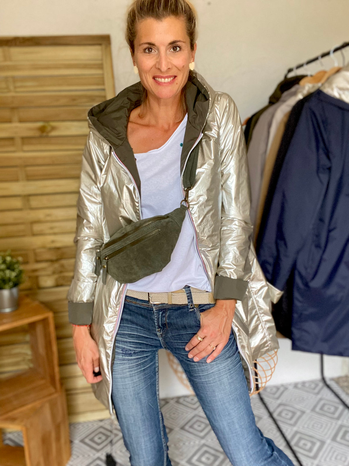 Sac banane double poche en cuir daim - OPALINE - Kaki foncé