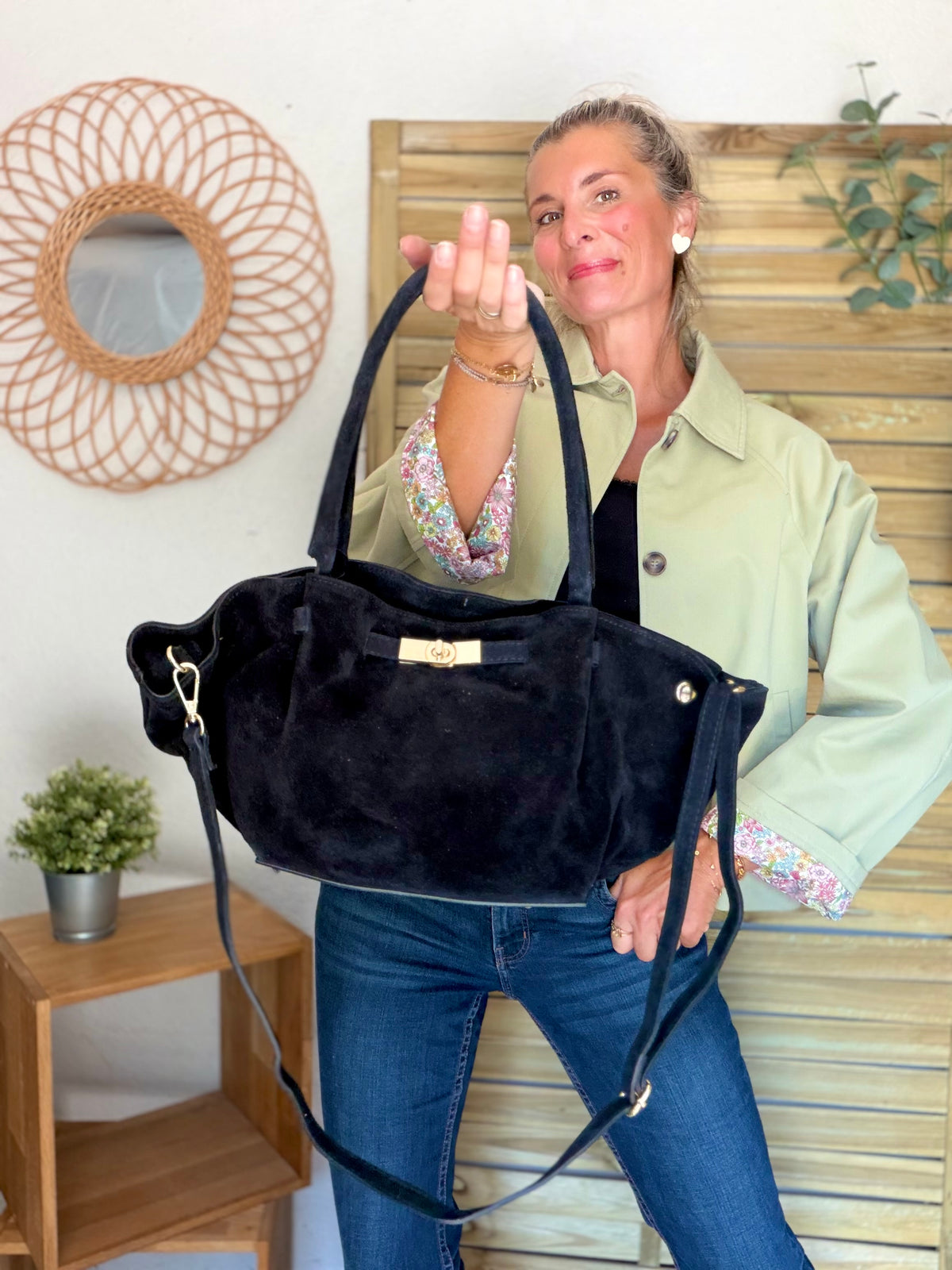 Sac cabas en cuir daim HANA - Noir