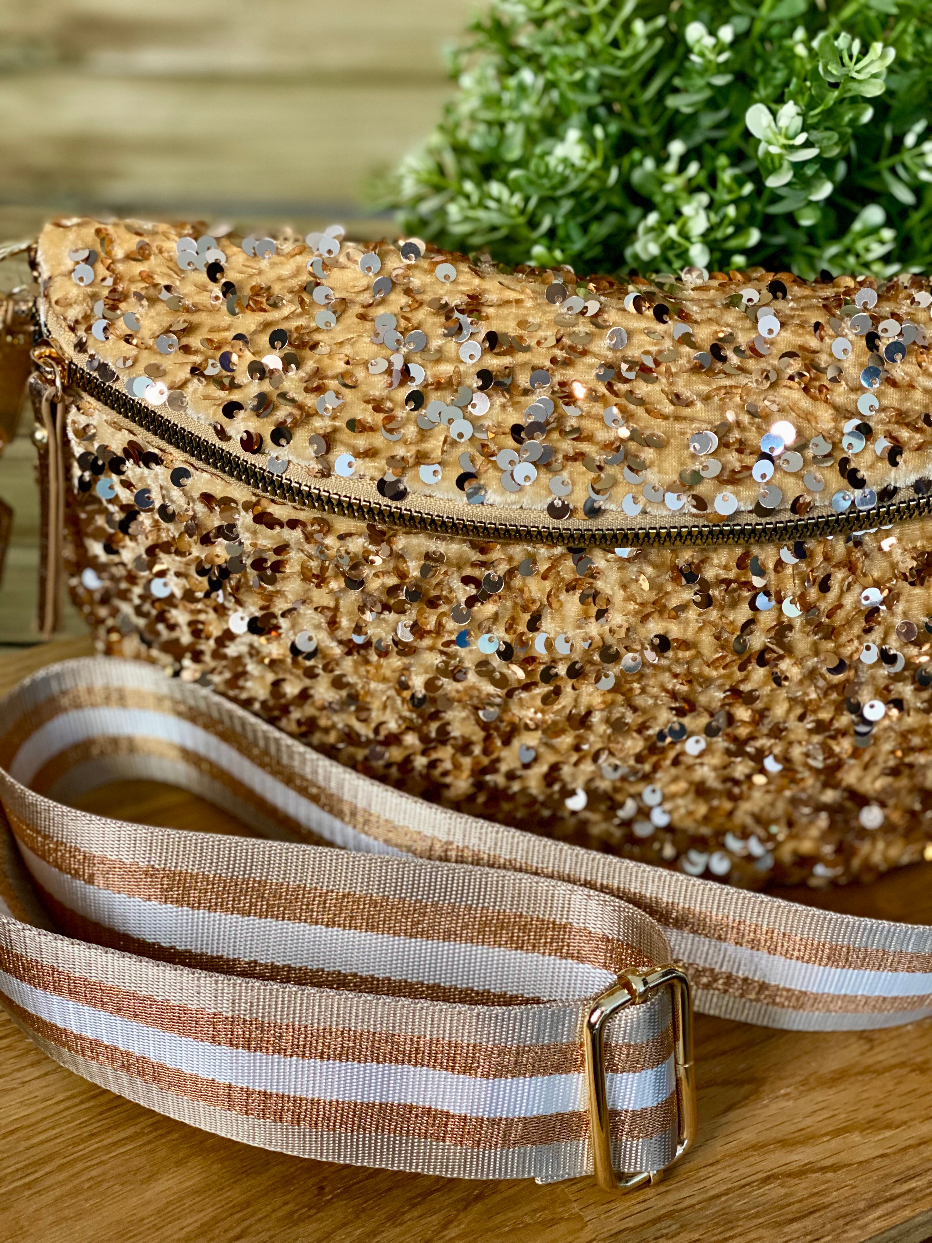 Sac banane L à sequins 30cm et sangle fantaisie - ROXY - Doré