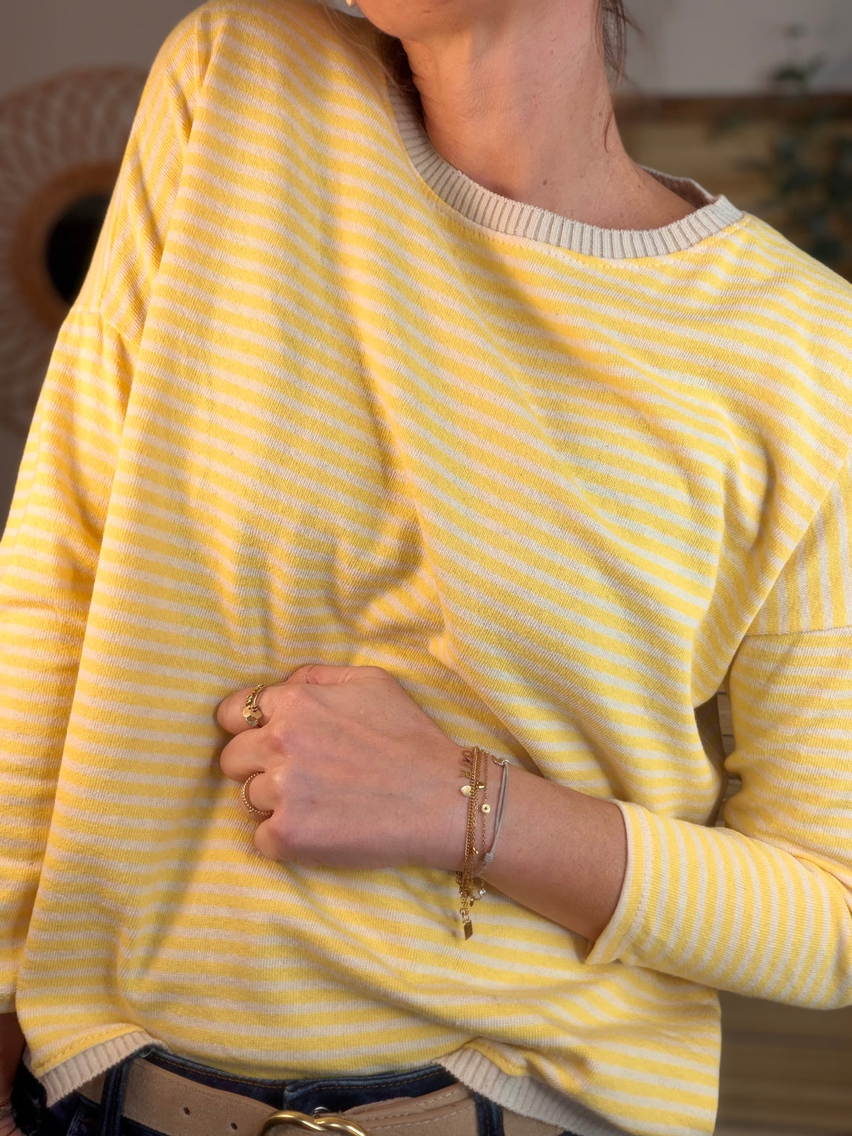 Pull fin rayé ample ROMANE - Jaune/Beige - FIN DE SÉRIE