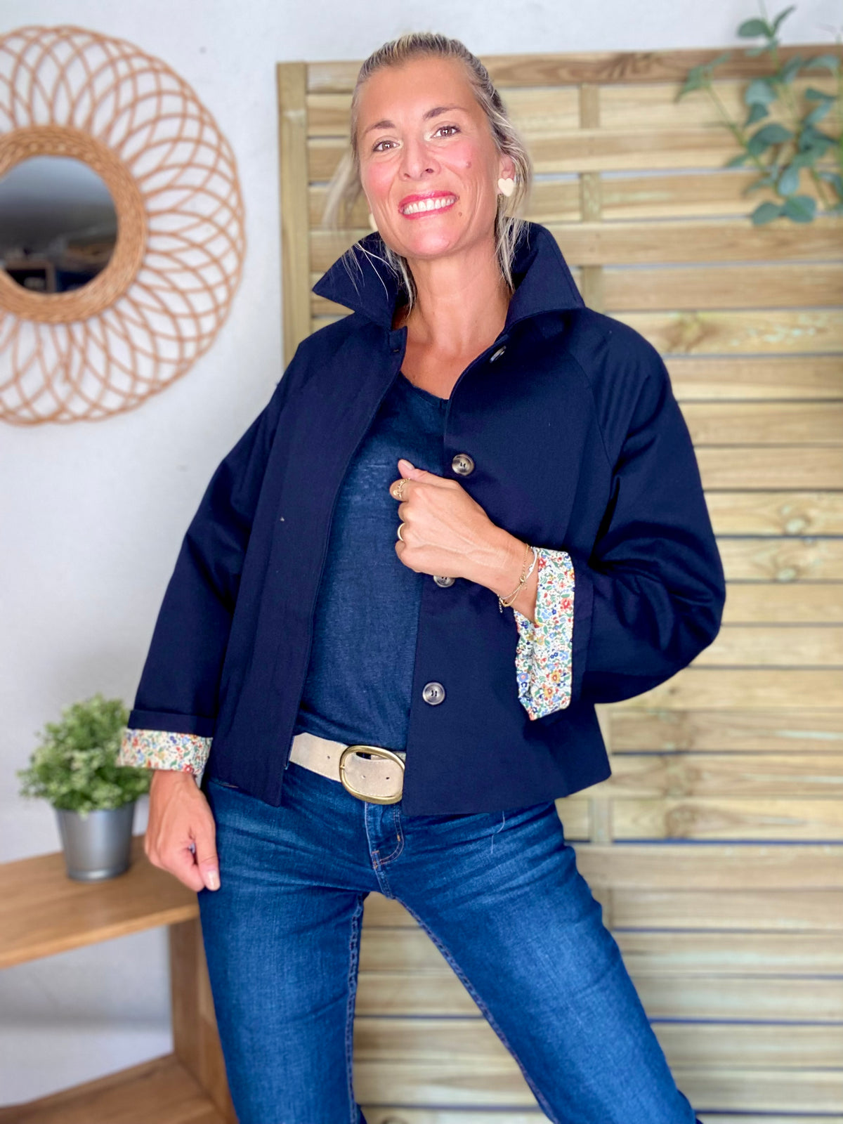 Veste Trench en coton bleu marine avec Liberty - MAHAUT- LILI et LALA