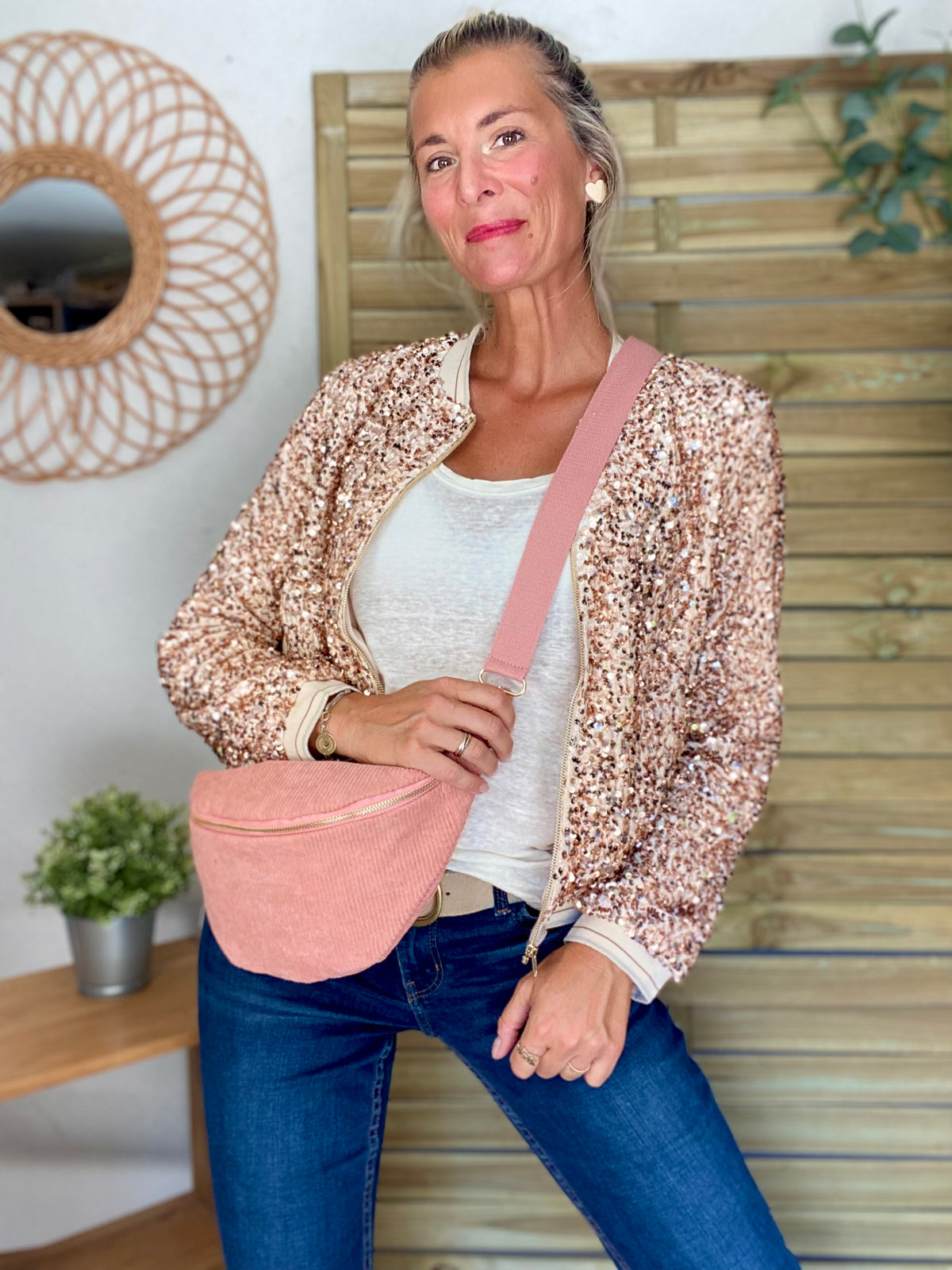 Veste bombers beige avec sequins Rose Gold KIM - FIN DE SÉRIE