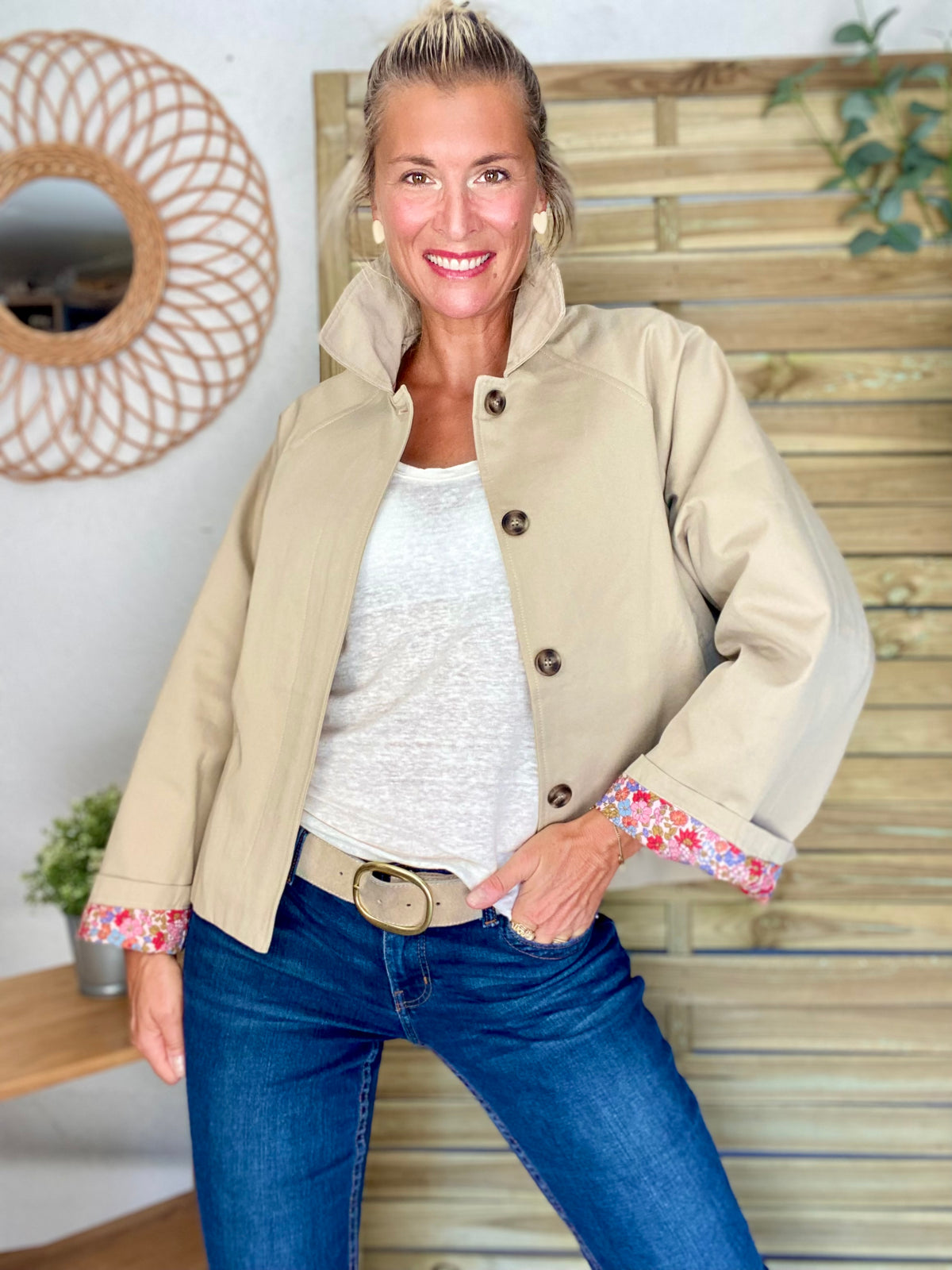 Veste Trench en coton beige avec Liberty - MAHAUT - LILI et LALA