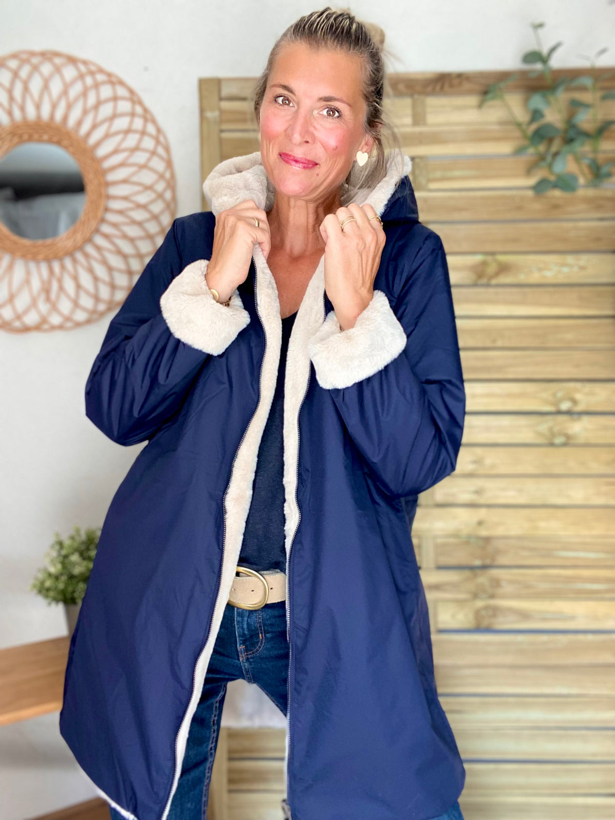 LAURA JO - Parka Imperméable réversible fourrée Bleu marine / Beige ALIX Long