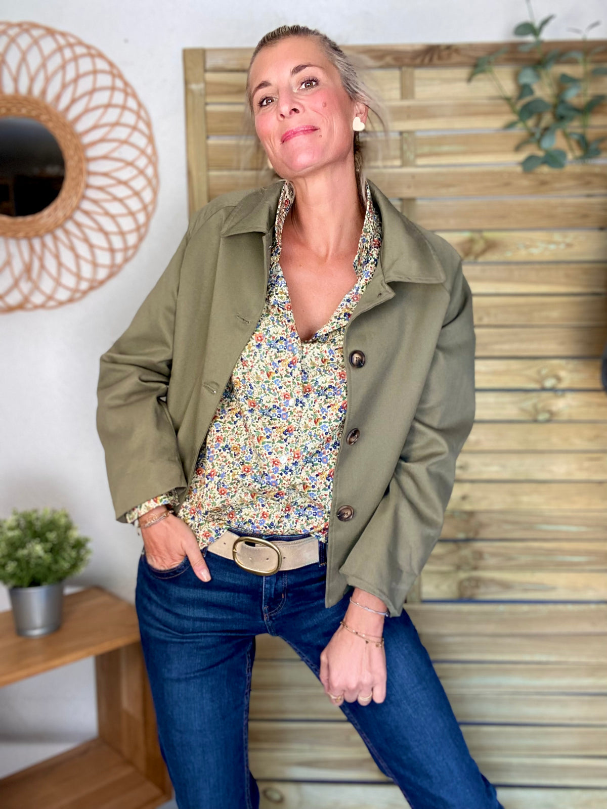 Veste Trench en coton, revers carreaux - YSEULT court Kaki