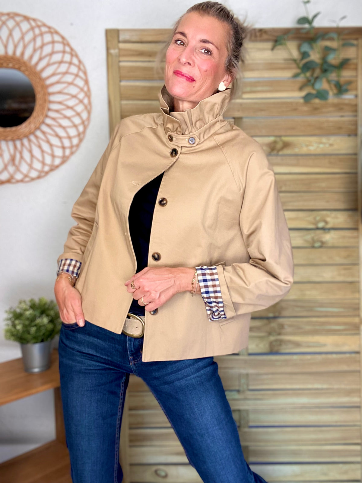 Veste Trench col victorien doublure carreaux - VICTORIA Beige Taupe