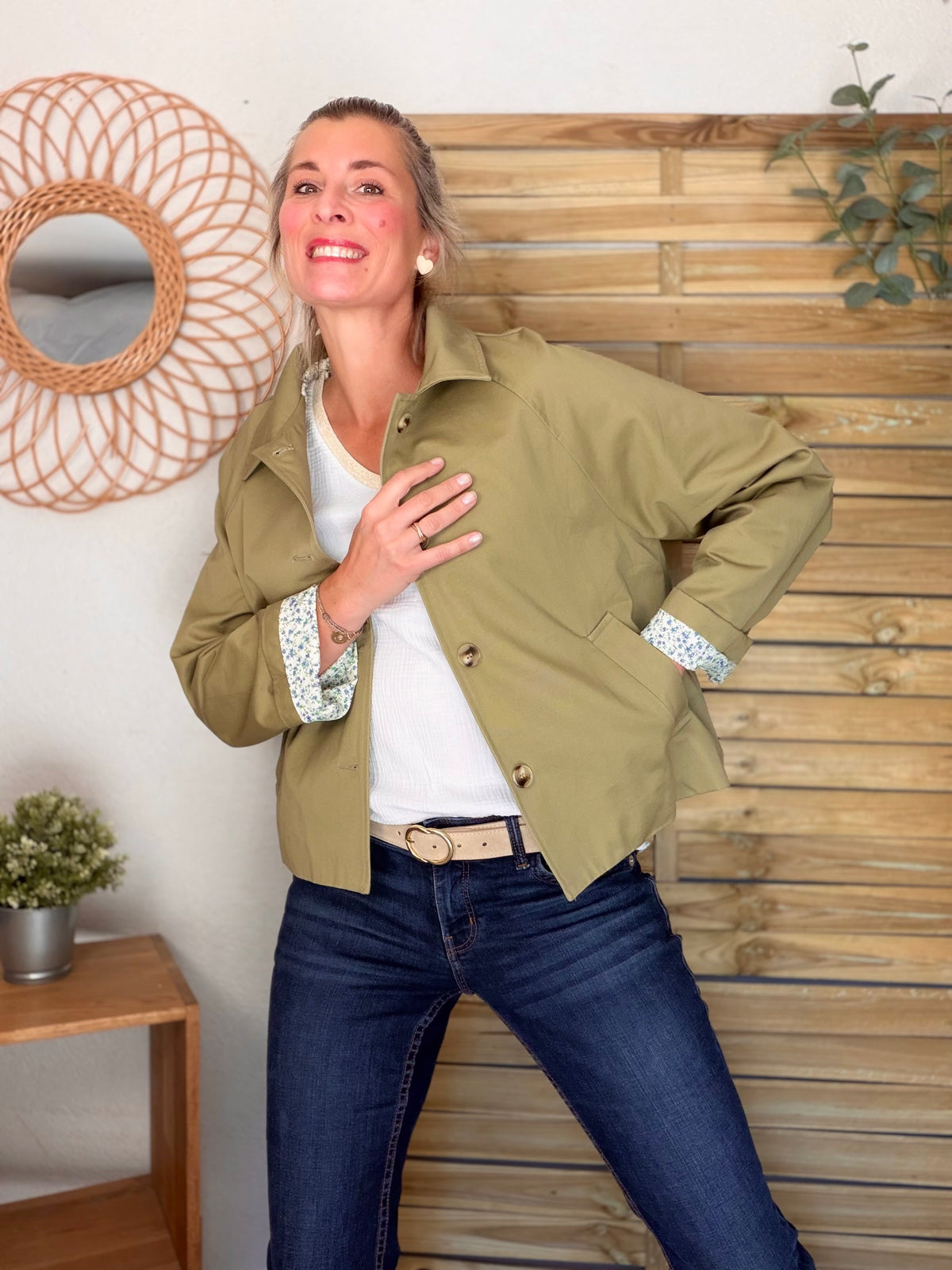 Veste Trench en coton avec Liberty - JOHAN Kaki clair - FIN DE SÉRIE