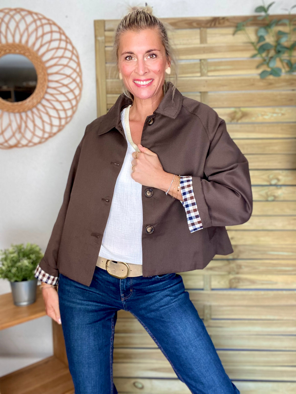 Veste Trench en coton, revers carreaux - YSEULT court Chocolat