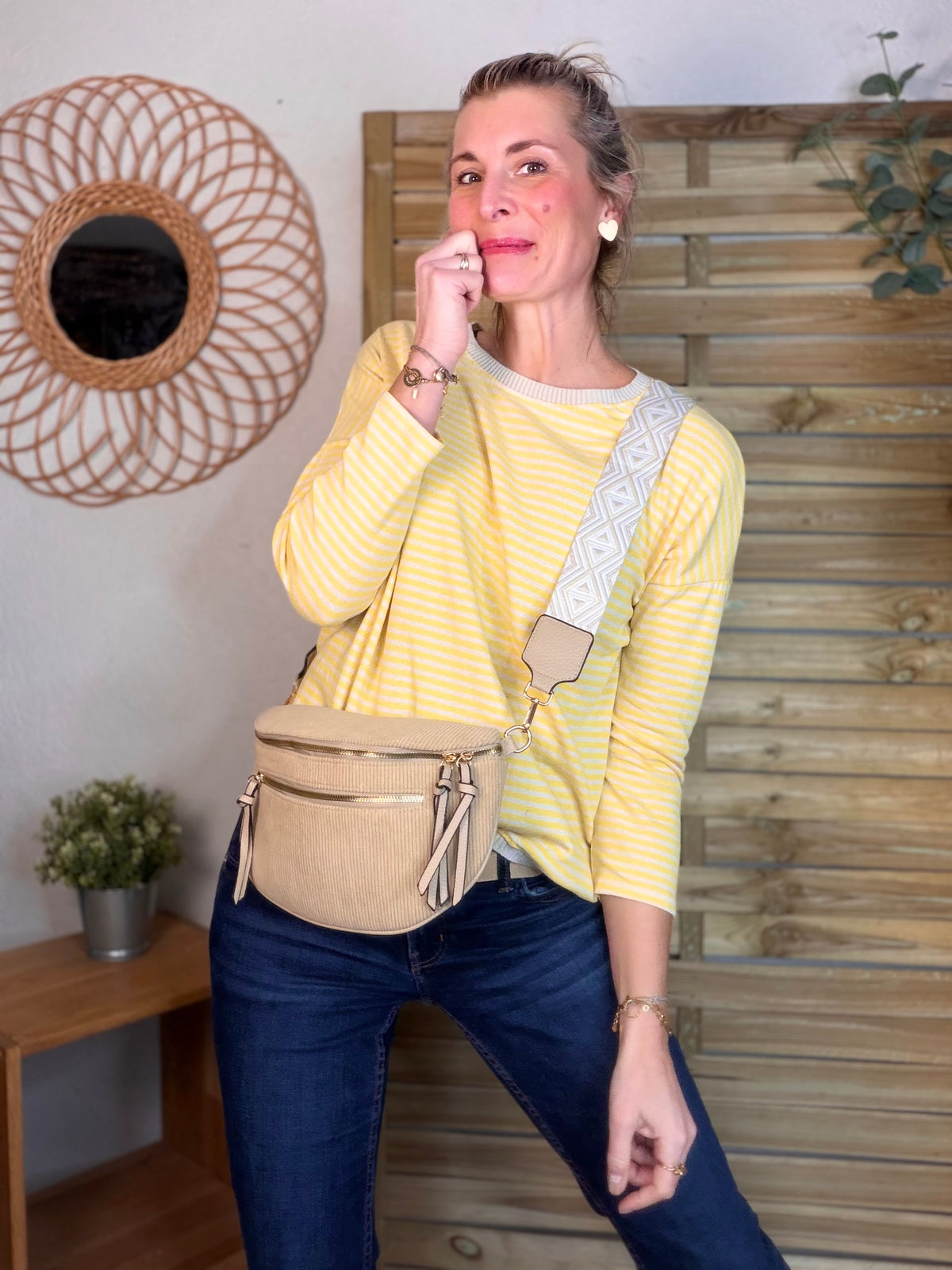 Sac banane en velours côtelé, sangle fantaisie - KATY - Camel clair - FIN DE SÉRIE