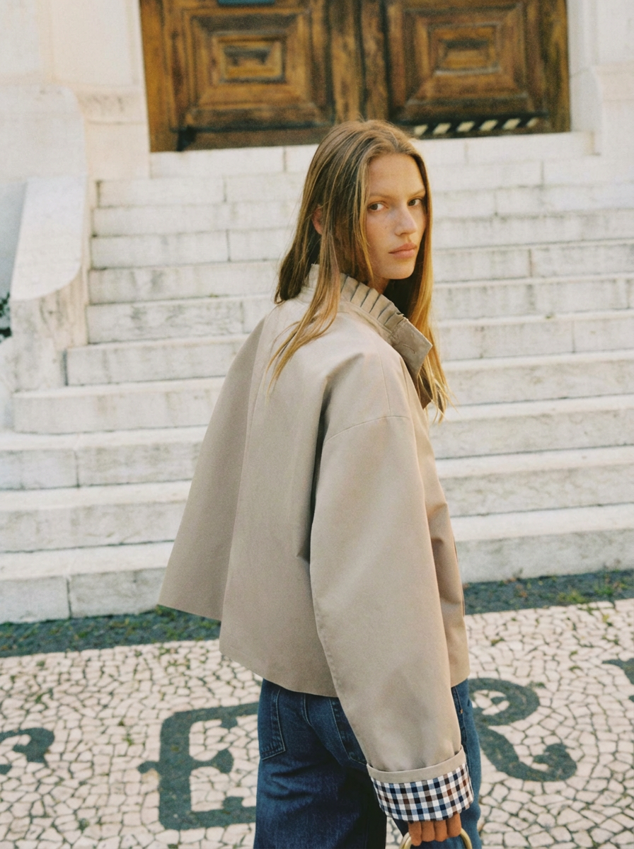 Veste Trench col victorien, revers carreaux - VICKY Beige