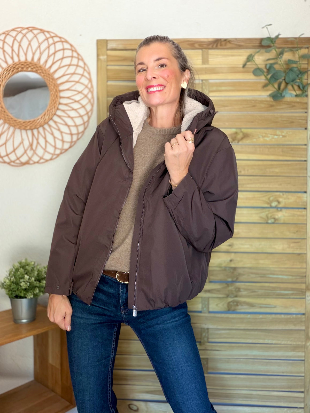 LAURA JO - Imperméable fourré sherpa EVA court - Chocolat